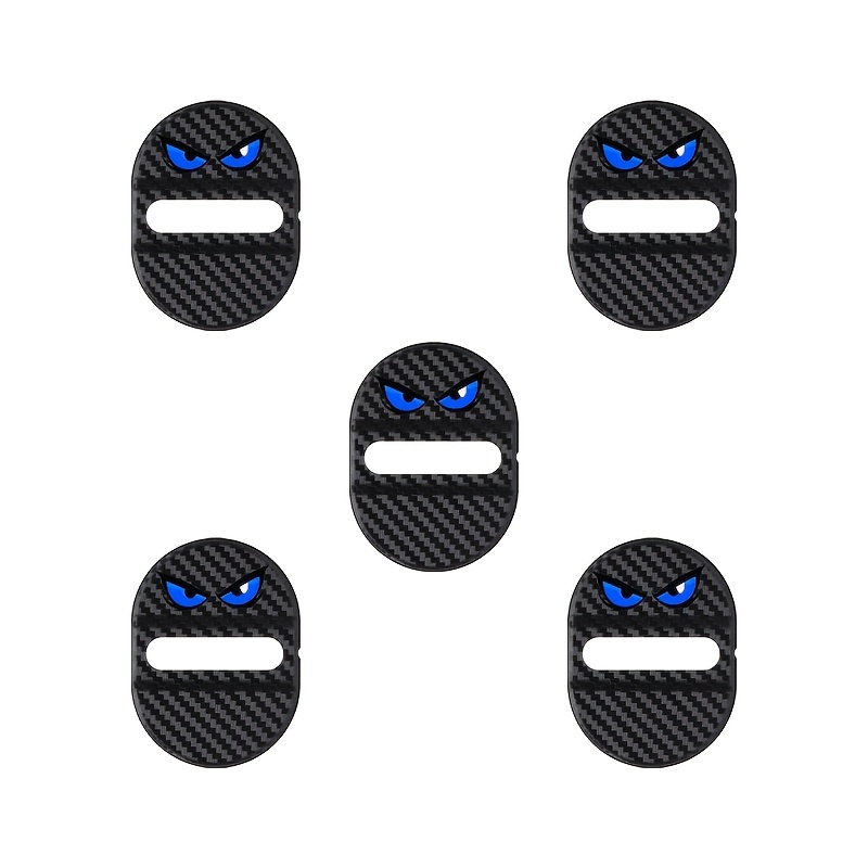 TEMU 5pcs Blue Devil Eyes Car Door Lock Protective Covers, Carbon Fiber Texture, Rustproof Sealing , Shock Absorbing Noise Reduction Anti-collision