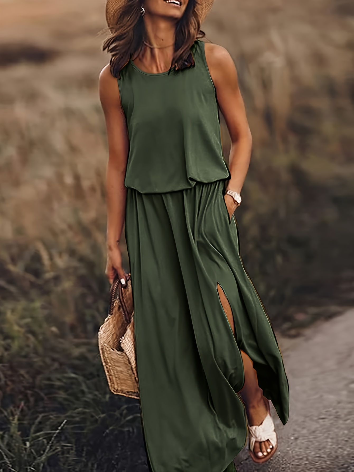 Women's * Elegant Sleeveless A-Line Dress - Green Thigh slit Round Neck  Short Summer Dress, Machine Washable Spring/Summer Party Wedding Guest  Dress for * & Semi-Formal Events (French Parisian ...