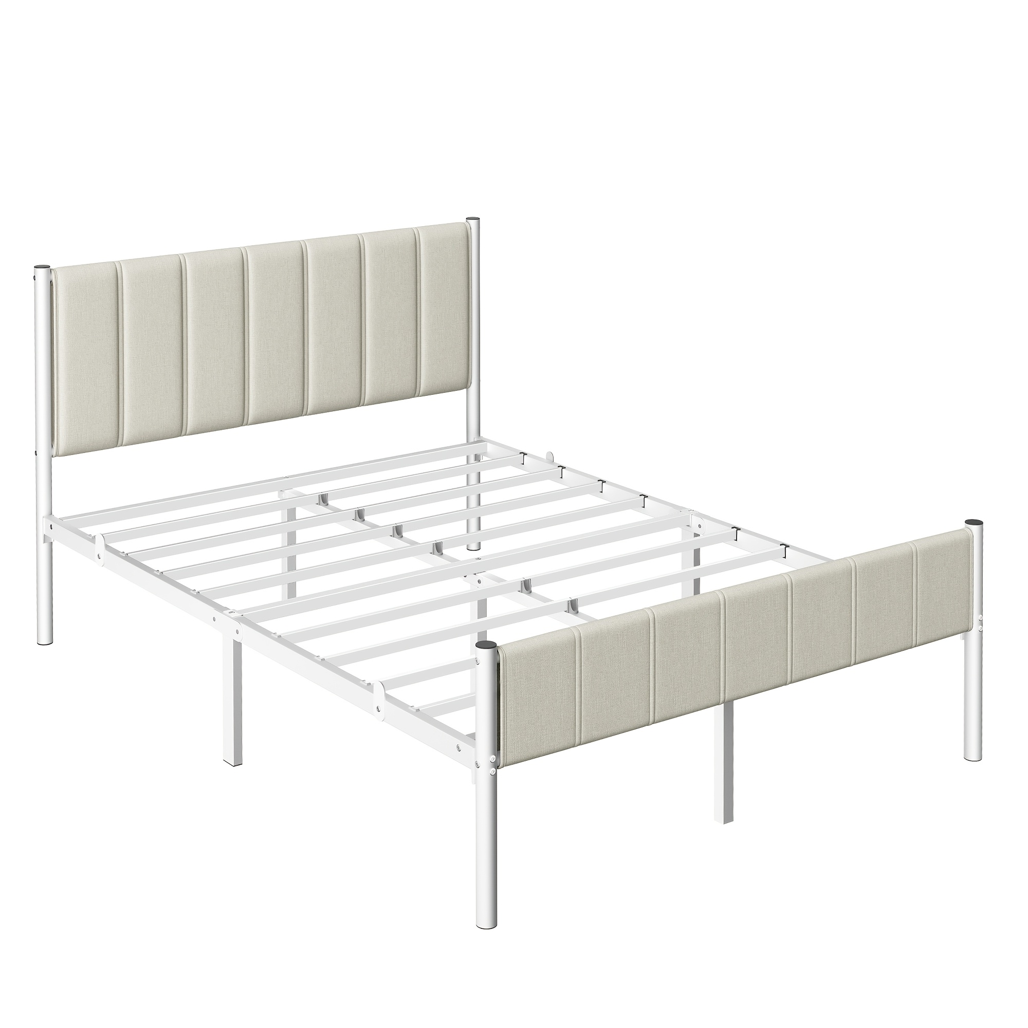 Image of Double Bed Framewith Padded Headboard, 140 X 190cm, Steel, Easy Assembly, Cappuccino Beige