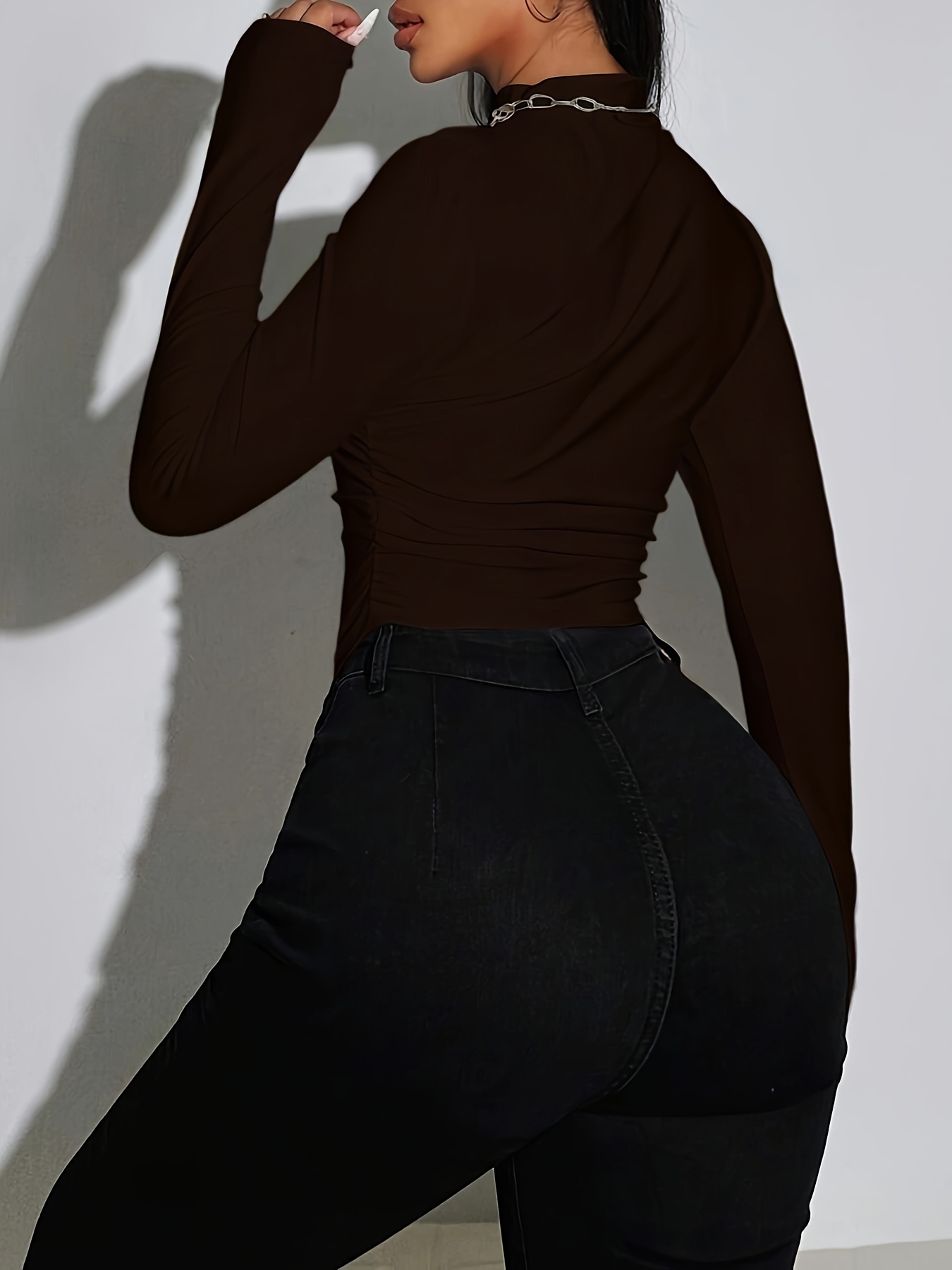 Side Ruched Asymmetrical Hem T-shirt, Sexy Mock Neck Slim-Fit Long Sleeve Top For Spring & Fall, Women's Clothing