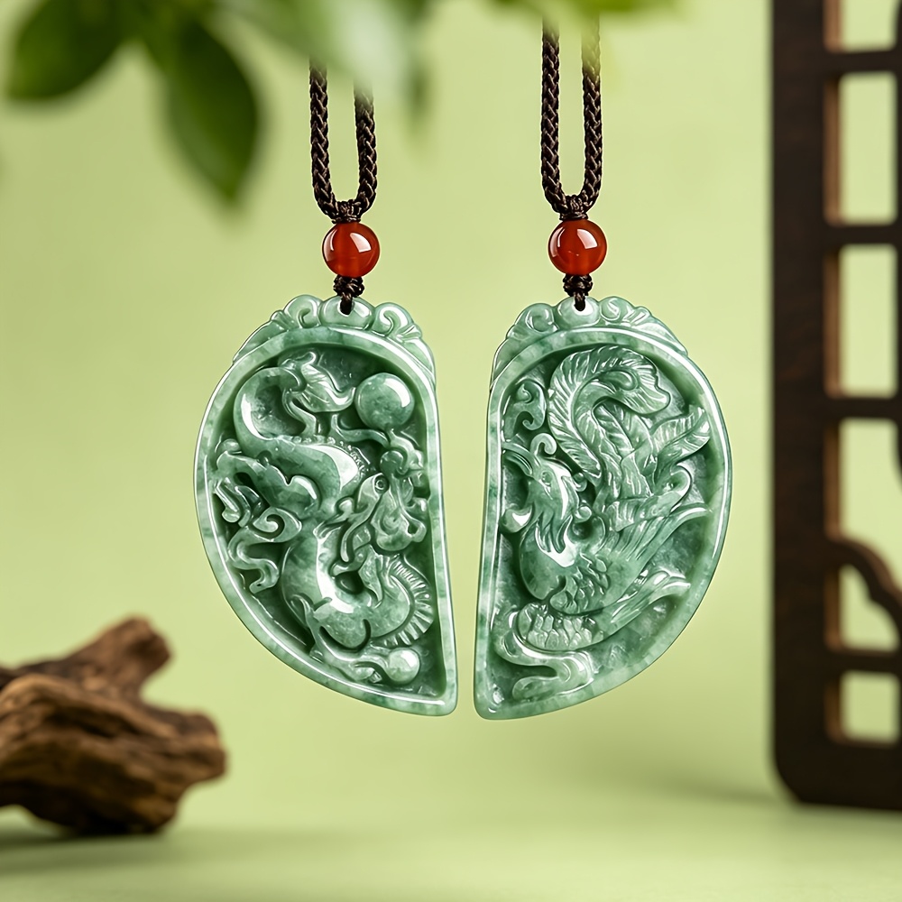Unisex Dragon and Phoenix Couple Pendant Necklace, Natural Stone
