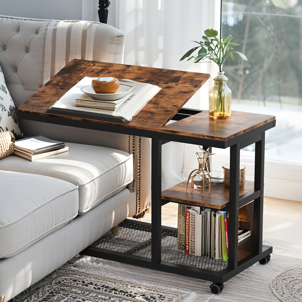 TEMU Wooden Snack Side Table With Storage Shelves, Height Adjustable C Table With Wheels - Mobile Couch & Bedside Table With Tiltable Drawing Board -