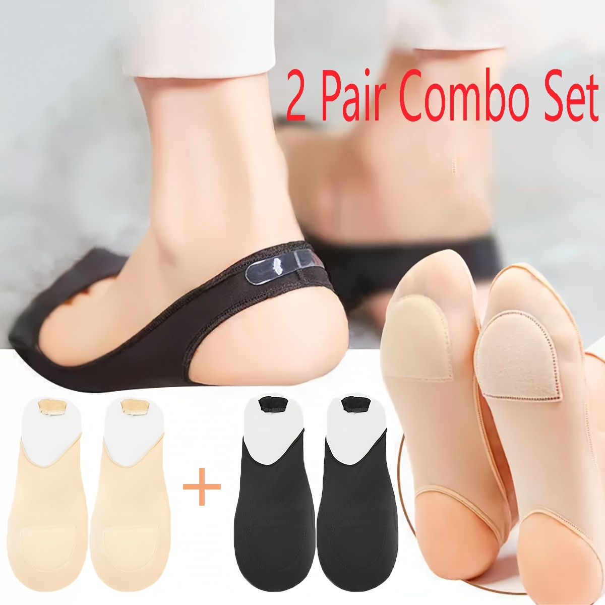 E-shop 4er-Pack Sommer Fersenpolster - Weiche Nylon Anti-Rutsch-Pads für High Heels, Dünne Unsichtbare Halb-Zehenpolster mit 2 Schwarz & 2 Beige