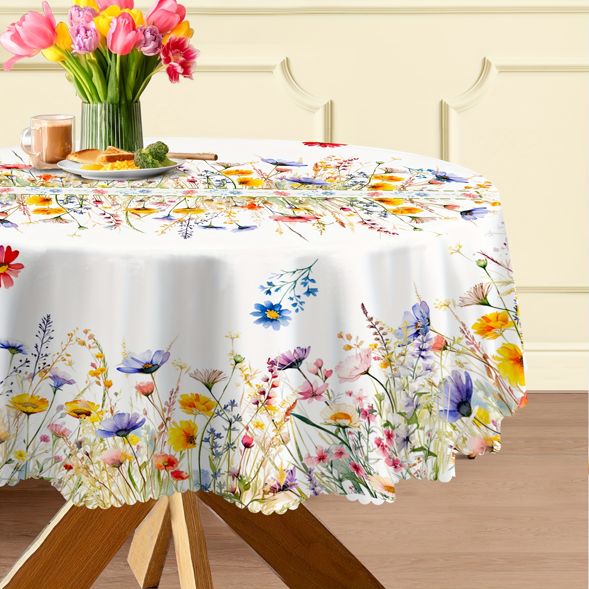 

1pc, Tablecloth, Small Fresh Style Pastoral Wheat Design Table Decor, Round Colorful Floral Butterfly Pattern Table Cover, For Picnic Or Holiday Party, Room Decor