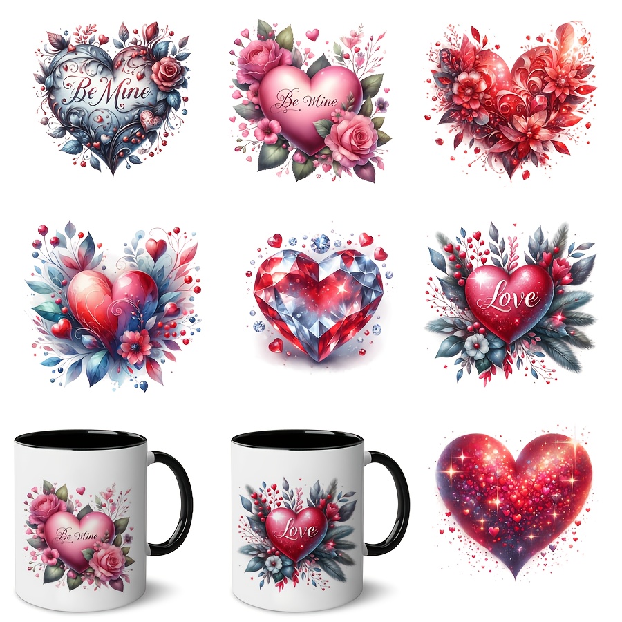 

Valentine's Day Heart Decals 7-pack, Uv Dtf Transfer Waterproof Pvc Self-adhesive Embellishments For Mugs, Bottles, Laptops - , Cartoon Theme, Rectangular - Personalized Diy Crafts Decor