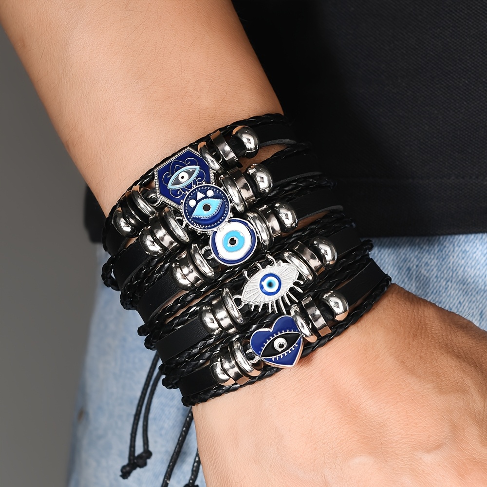 Five-piece Set Of Different Glasses Devil Flower Additions Faux Leather Men's Hip-hop Trendy Bangle Bangle Bracelet Set Adjustable Bangle Bangle Bracelet