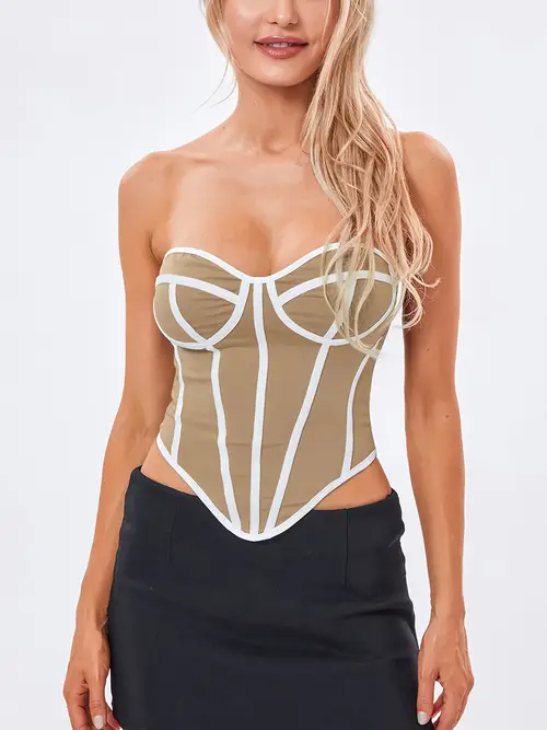 women summer fitted tube sleeveless off shoulder blouse contrast color bandeau backless sleeveless crop top sexy low cut open back for holiday