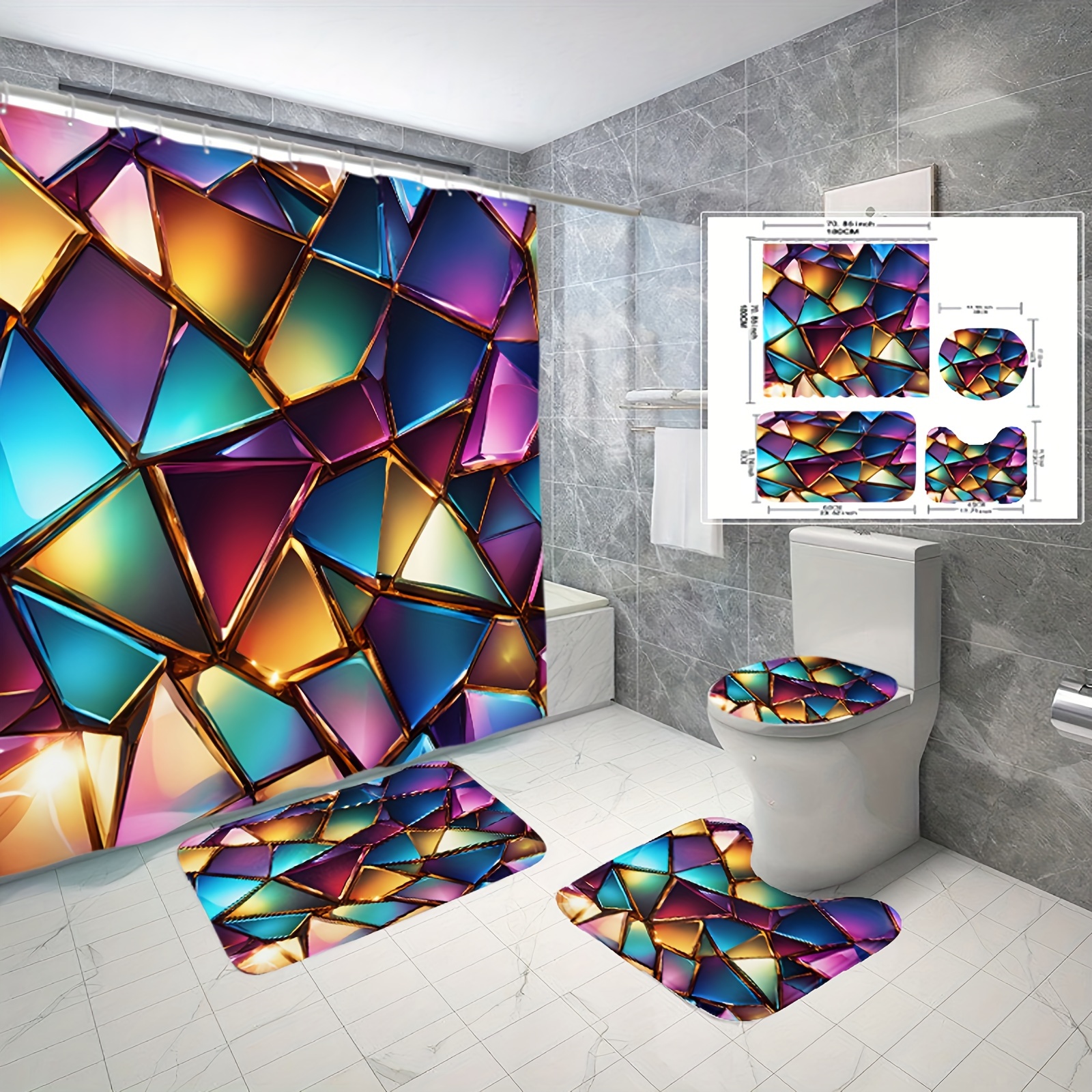 

1/3/4pcs Creative Dream Colorful Digital Print Shower Curtain Set, Shower Curtain With 12 Hooks, Non-slip Bath Mat, U-shaped Toilet Mat, Toilet Mat, Bathroom Decor Accessories