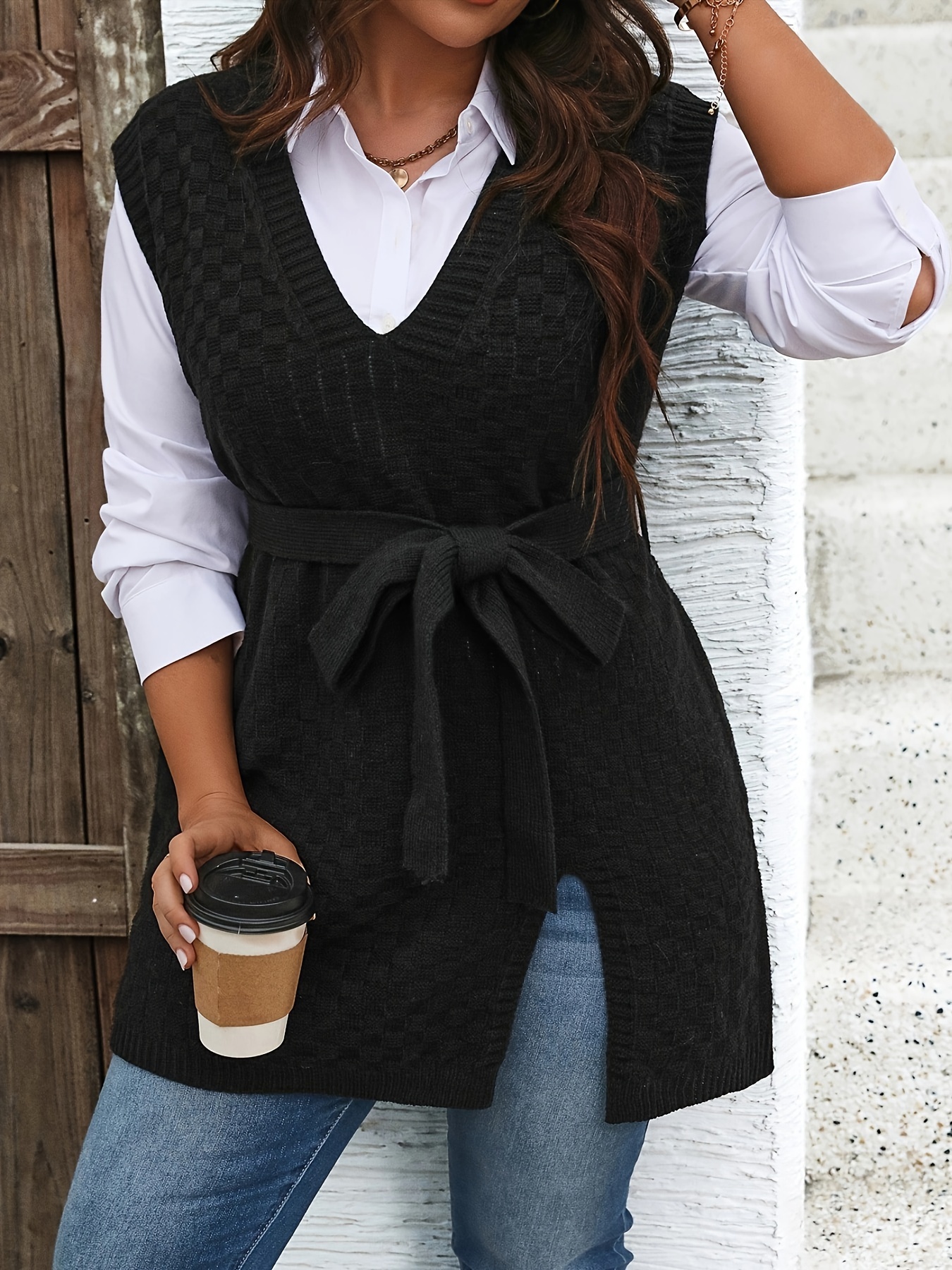 Plus size black sweater vest best sale