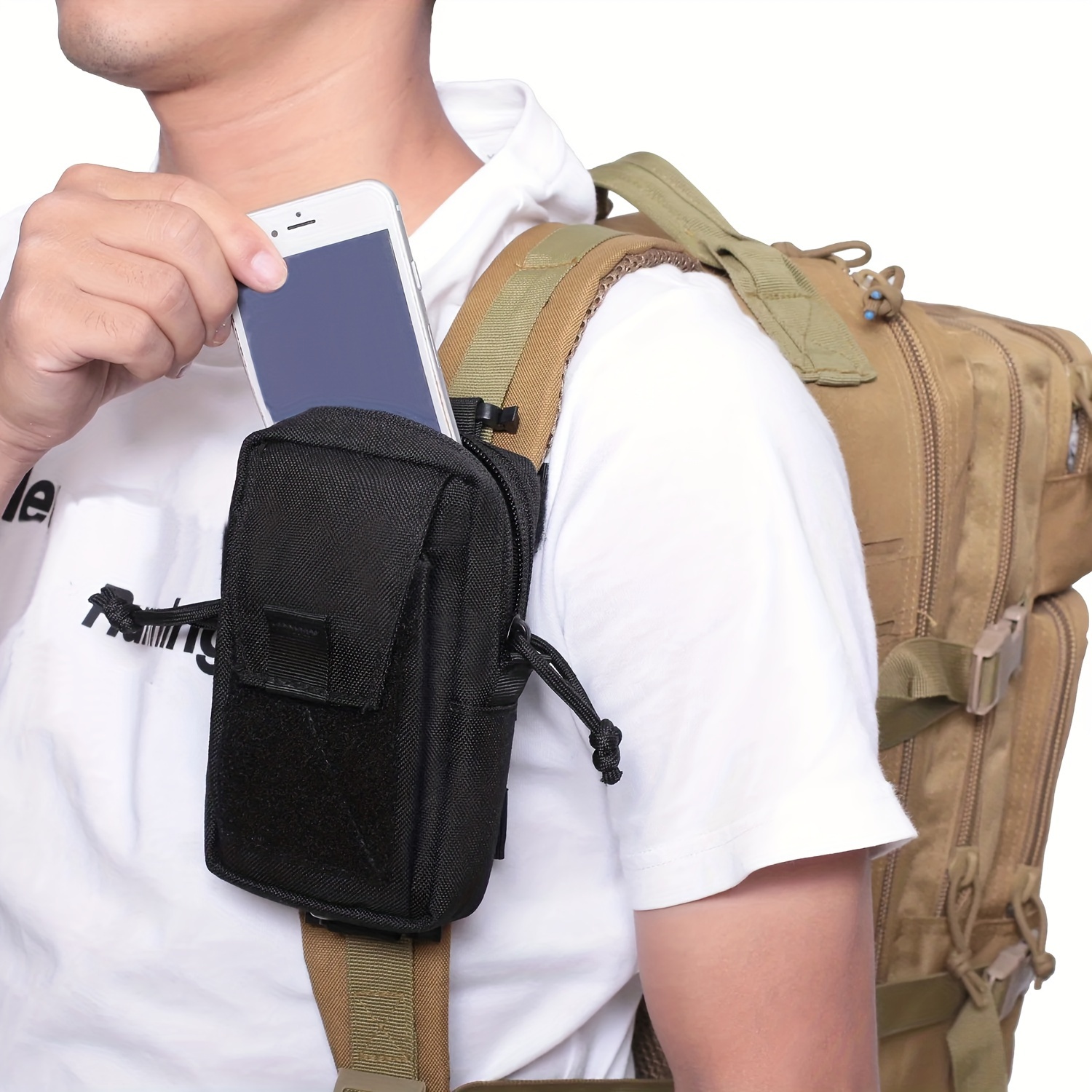 TEMU Tactical Polyester Backpack Strap Pouch - Versatile Smartphone Attachment Bag For Hiking, Compatible With Mobile Phones Up To 6.7 Inches, No Battery - Multiple Storage Compartments