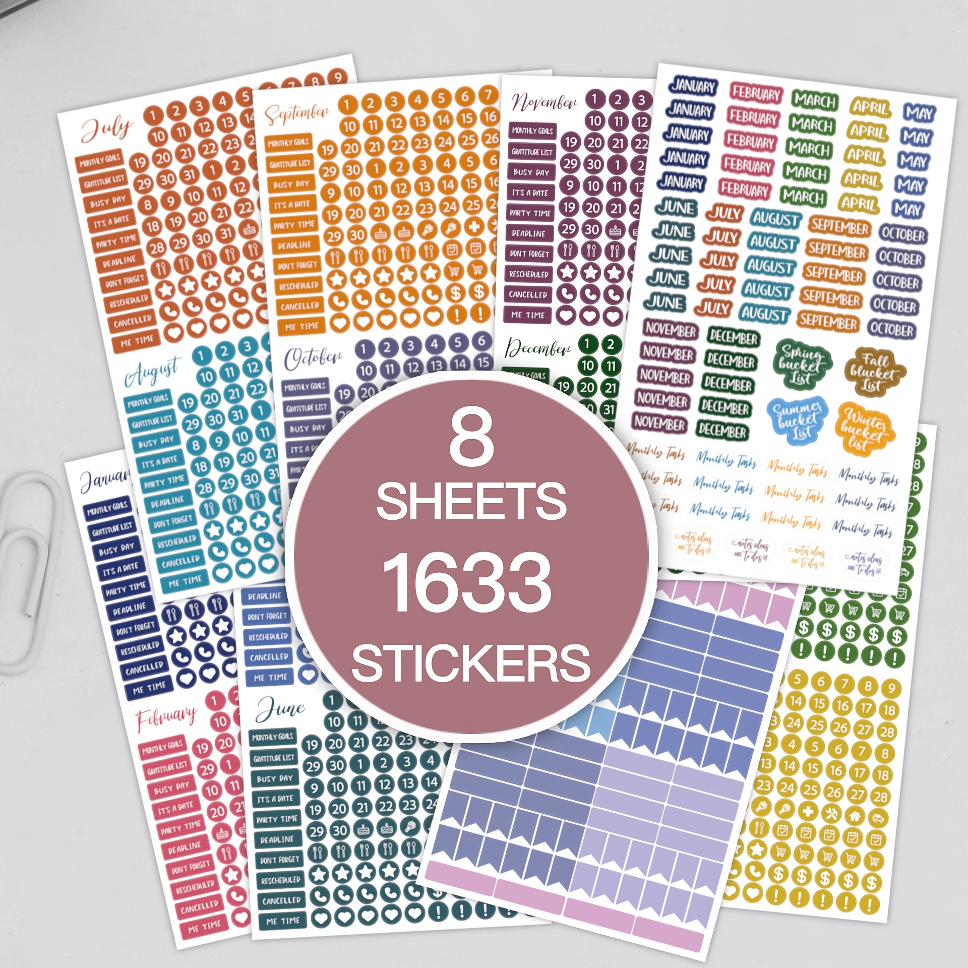 TEMU Pegatinas de Temporada Festiva, Pegatinas Esenciales de Calendario Coloridas - ¡8 Hojas, 1633 Pegatinas por Paquete! - Colores que Coinciden con