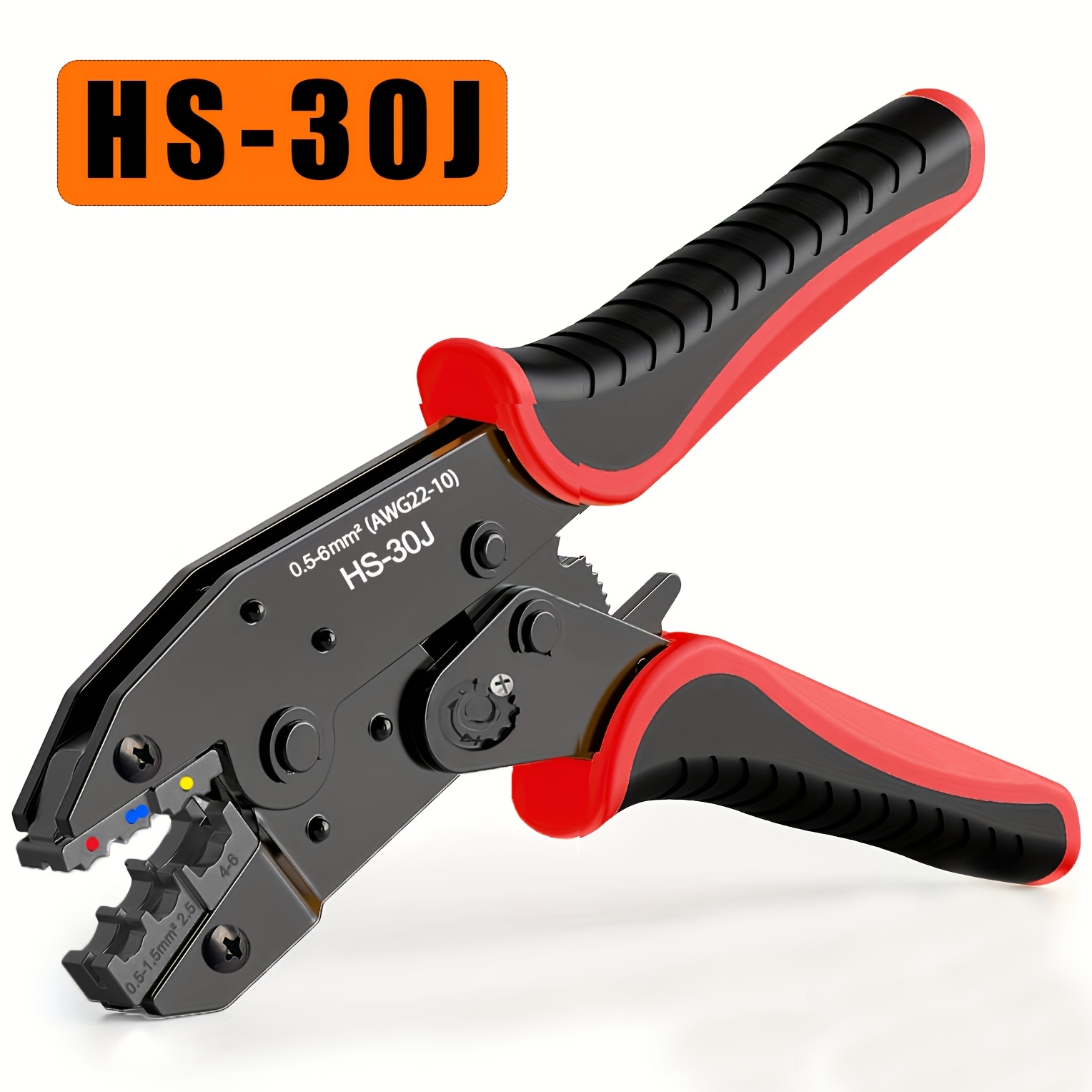 Image of Hs-30j Clamp Insulated Electrical Connector Crimping Tool, High Carbon & Black Handle With Multiple Color Cables - Professional Electrician's Crimper For Awg 22