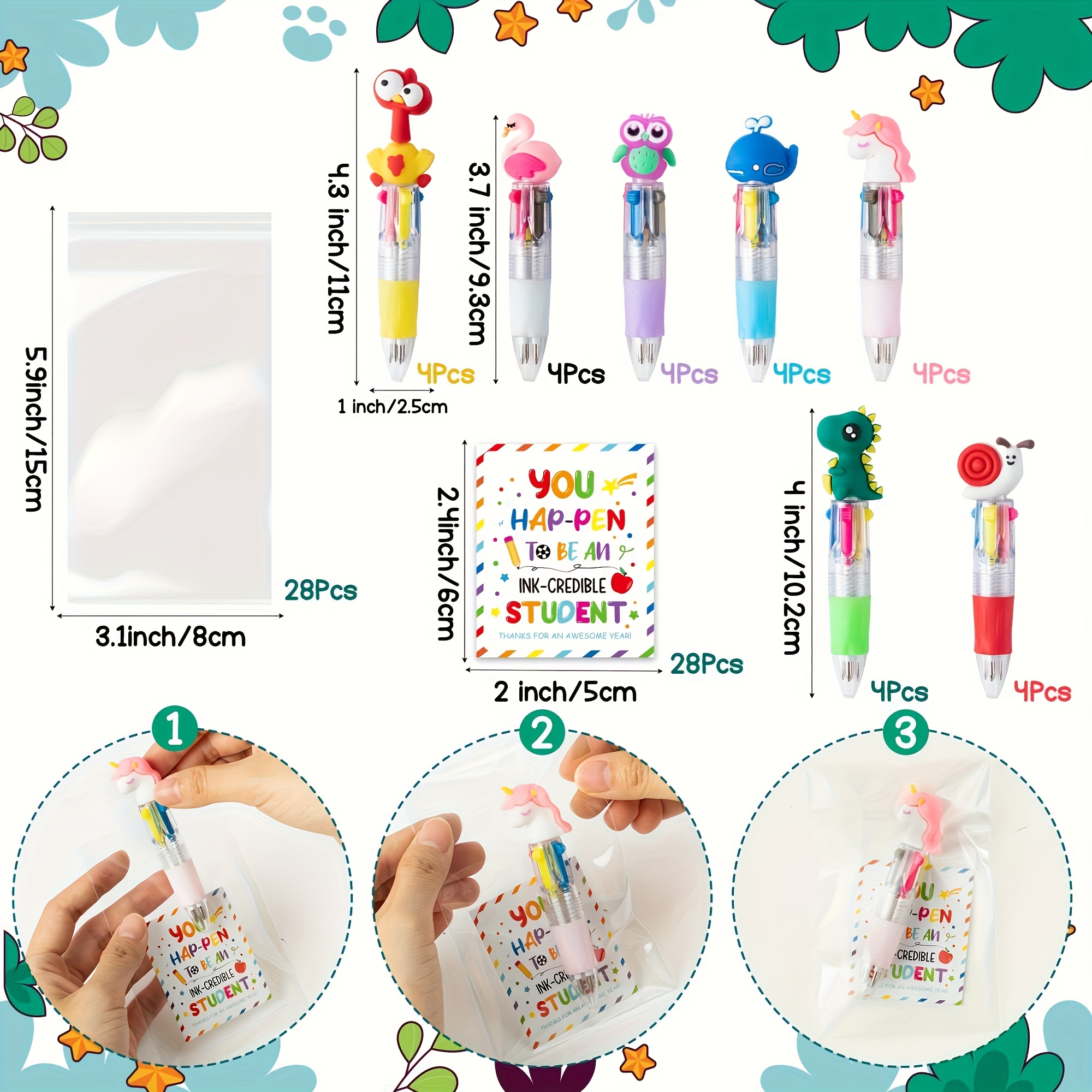 84pcs 28sets end of year student gifts   cute cartoon 4 in 1 multicolor retractable ballpoint pens with gift cards suitable for school party gifts and bulk for school exchange gifts Product details 1