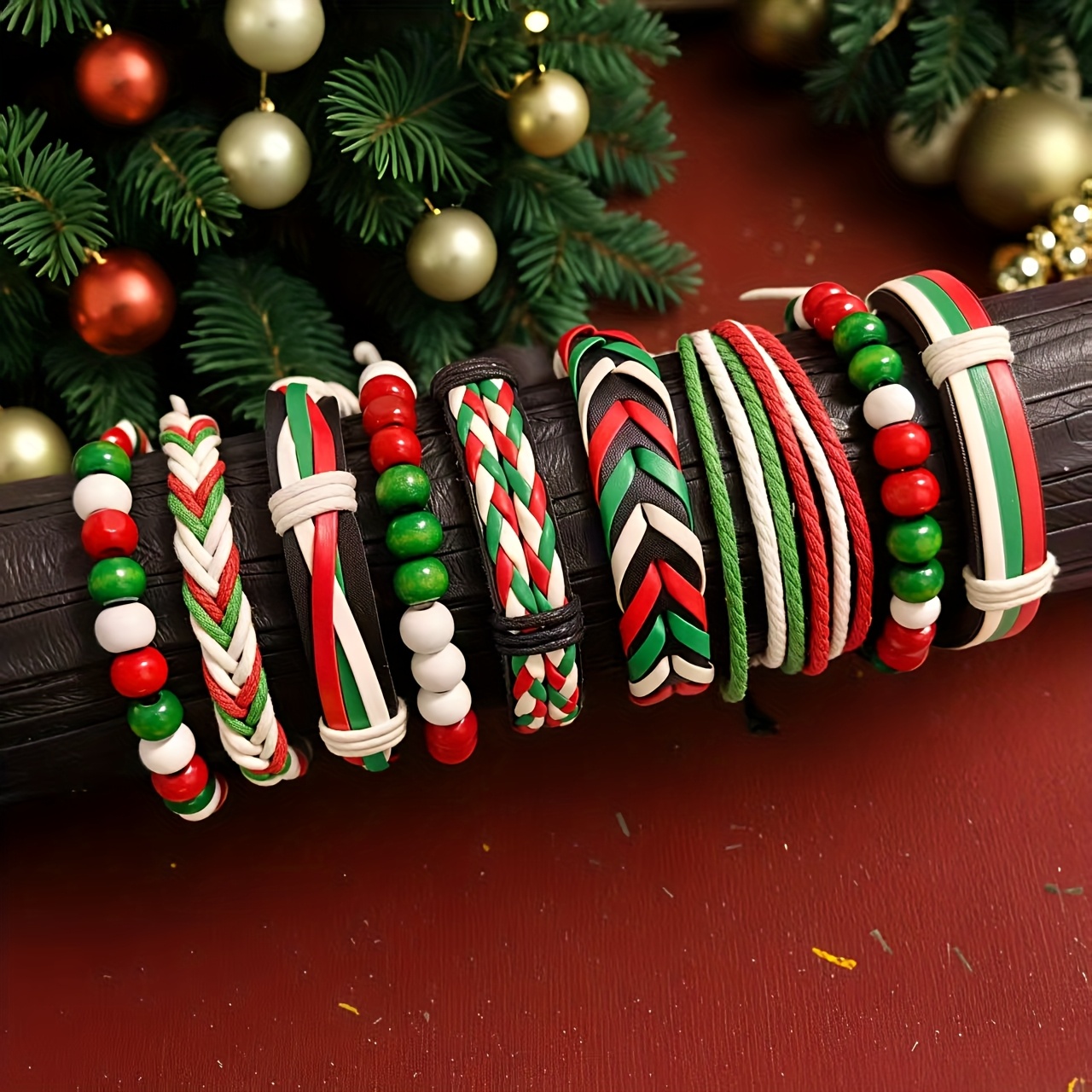 Image of 9pcs Christmas Festival Celebration Bracelet Style Handmade Wax Thread Wood Bead Artificial Combination Set Knitting Suitable For Men And Women Daily Wear Surprise Gift