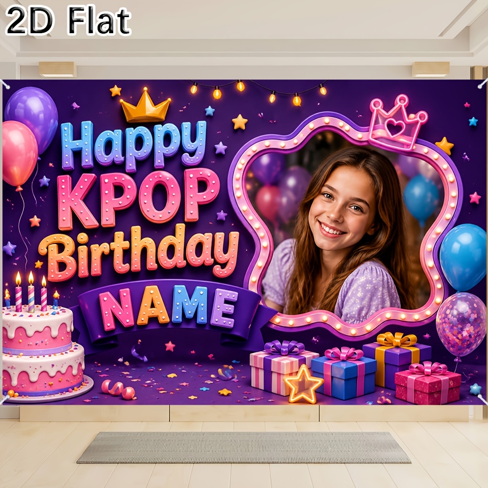 TEMU 2d Flat - 1pc [2d Flat] Customizable For Kpop Happy Birthday Banner With Name, Colorful Balloons, Cake Gifts Design For Party Decoration,