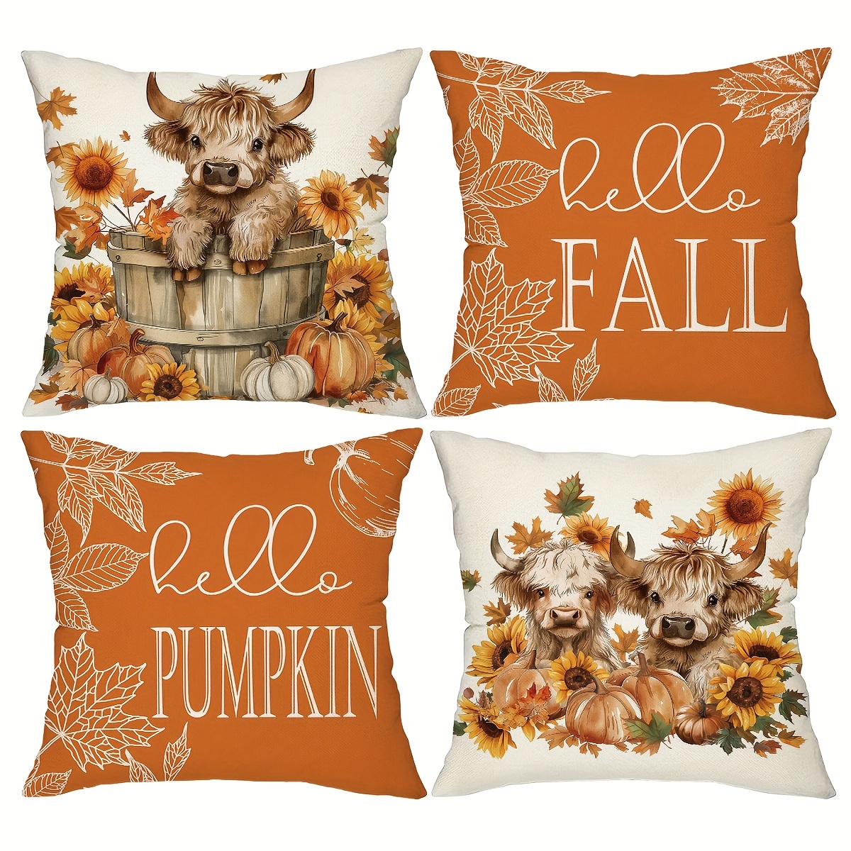 TEMU 4pcs, Fall Throw Pillow Covers, 18in*18in Highland Cow Autumn Decorations Decor Cushion Covers, Farmhouse Holiday Thanksgiving Home Decor