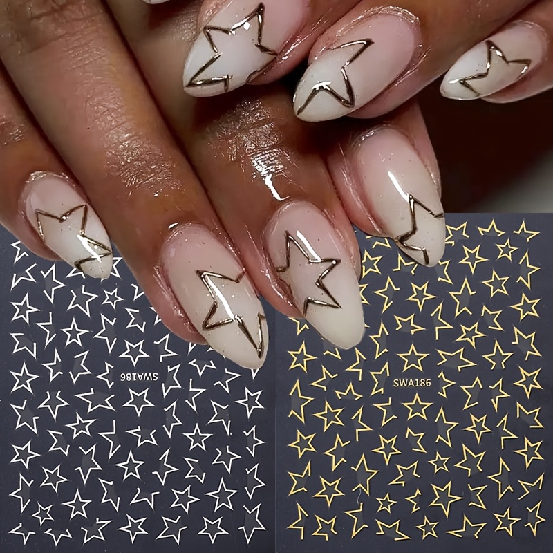 2 Pentagram Nail Stickers Featuring Silvery And Golden Hollow Star Designs, Self-adhesive Nail Decals, Perfect For Y2k Style Nail Art Decorations