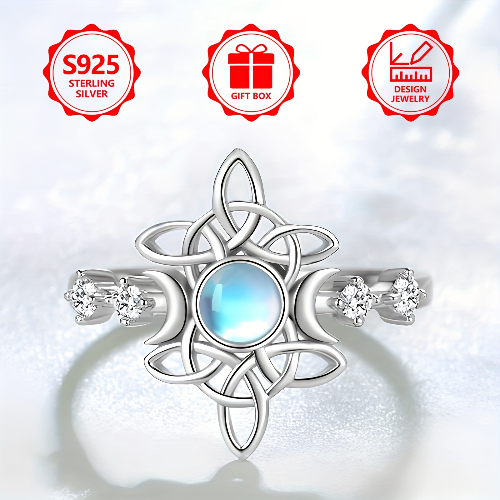 925 Silver Women's Ring with Witch Knot Symbol and Moonlight Stone