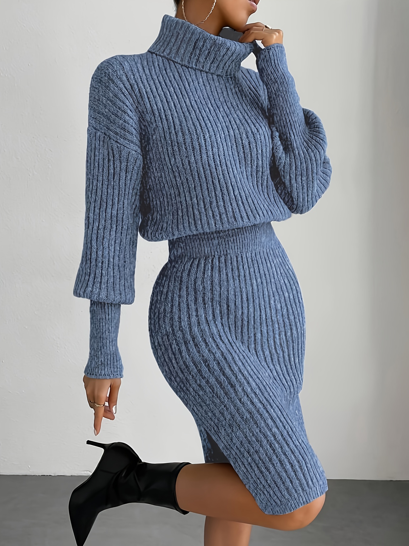chic high neck dress women lantern sleeve ribbed fabric - Temu