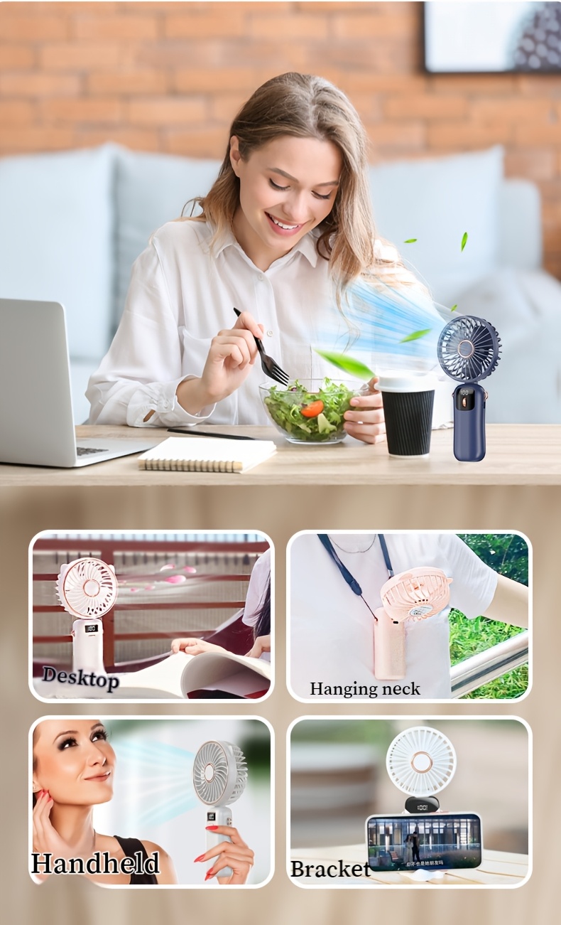 portable led display handheld fan with phone holder   speed adjustable foldable design 90 wind angle usb rechargeable 1200mah lithium battery indoor outdoor use with cord plastic material details 2