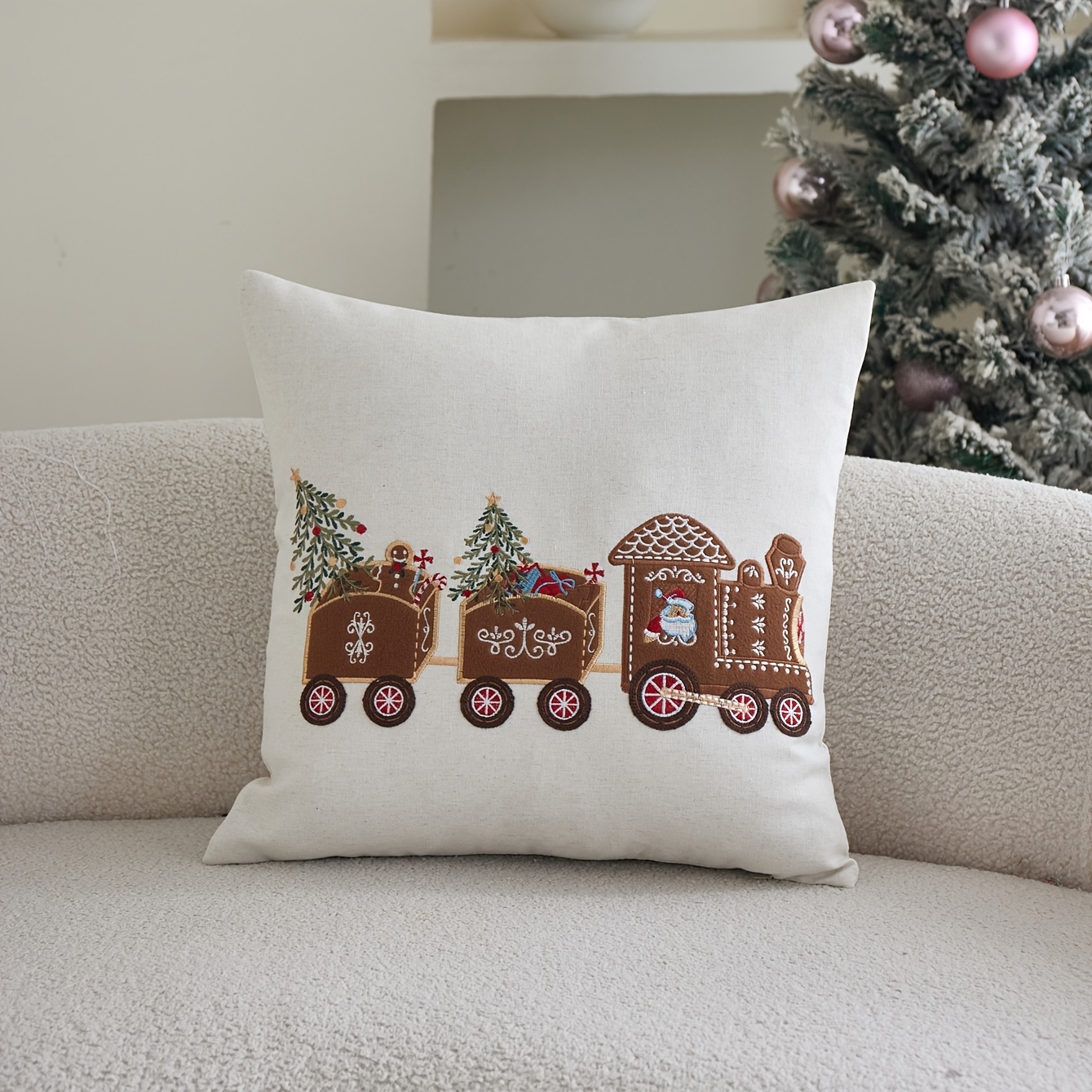TEMU Weihnachtlicher 3D-Geprägter Lebkuchenmann Zug Kissenbezug 1 Stück Ohne Füllung Wohnkultur Geeignet für Wohnzimmer, Sofa, Schlafzimmer, Auto und