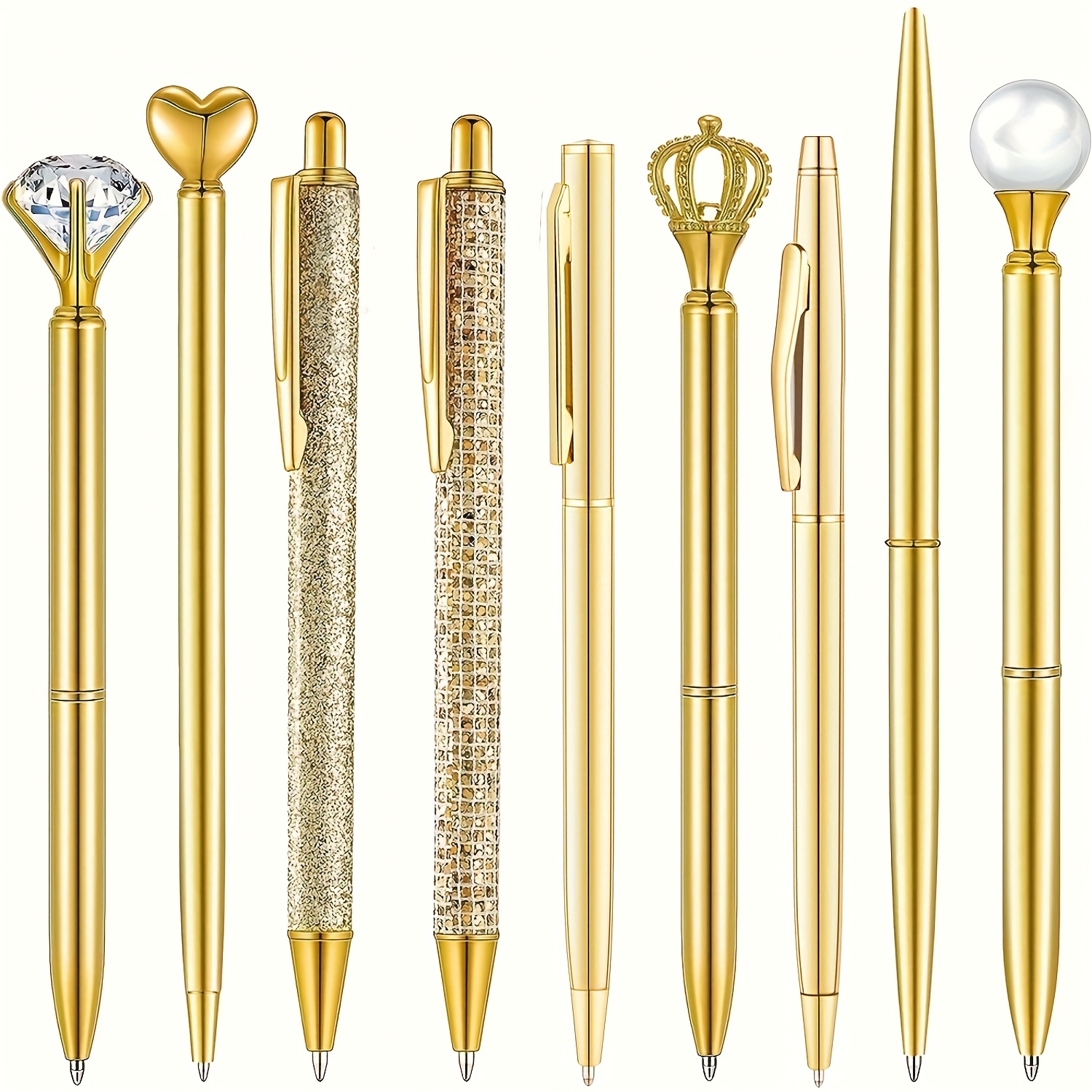 Image of 9 Golden Ballpoint Pens, Writing Pens, Signing Pens, Fancy Pens, Metal Crystal Pens, Diamond Pens, Ideal For Black Ink Writing - Suitable For Business, Office, Supplies, Weddings, Precise Writing