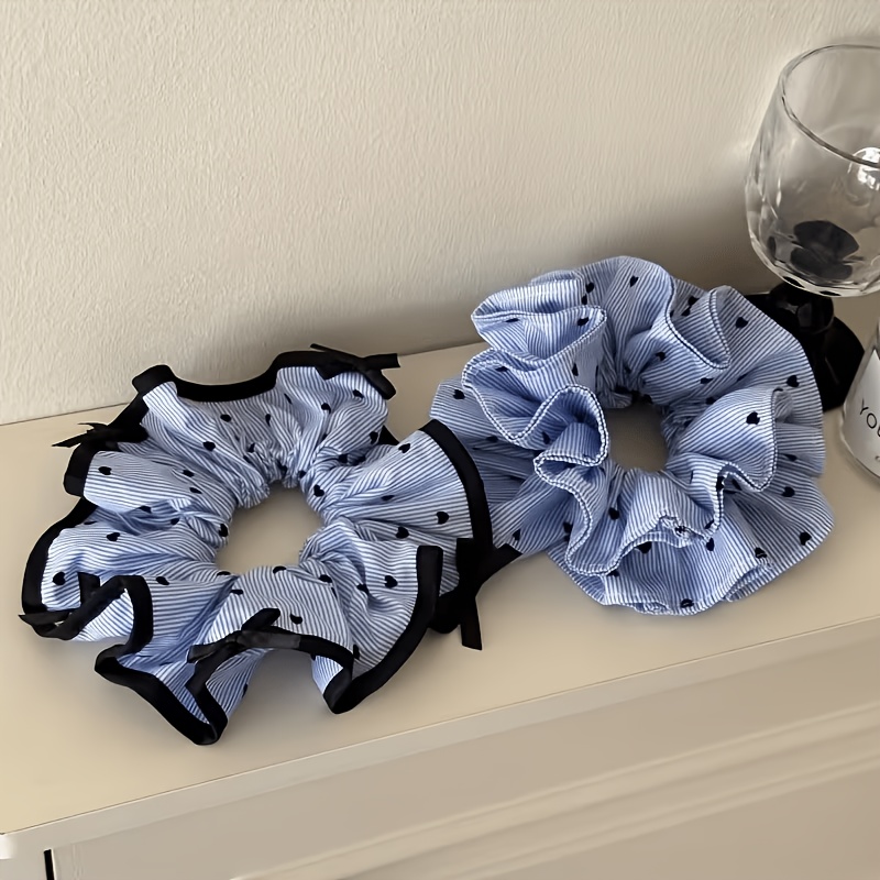 TEMU 2pcs Blue Striped Hair Tie, High-end Pleated Bow Large Hair Tie, Versatile Love Ponytail Hair Rope, Temperament Hair Additions