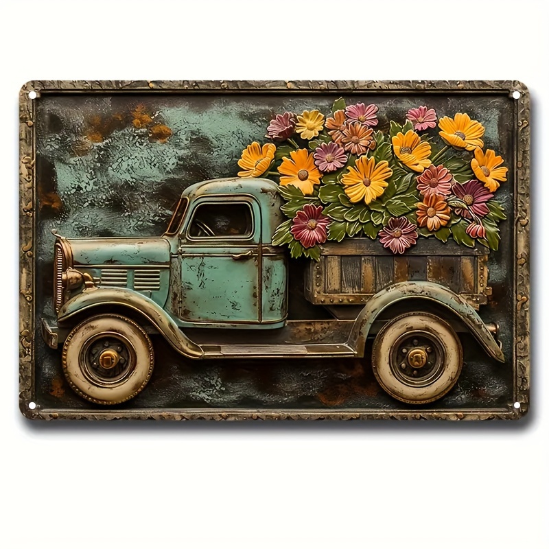 

1pc Vintage Rustic Truck With Flowers Metal Tin Sign (12"x8"/30cm*20cm), Retro Wall Art Decor, Durable Garage Decor, Cafe Bar Club Living Room Wall Plaque, Easy To Hang
