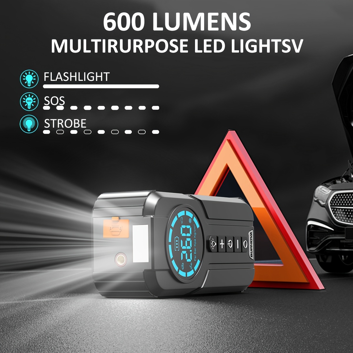 Démarreur de voiture avec compresseur d'air, gonfleur de pneu sans fil, batterie de démarrage 21800mAh avec pack de batterie externe et lampes de poche LED, boîtier de démarrage automatique 12V pour tous les véhicules à essence ou diesel de 10.0L