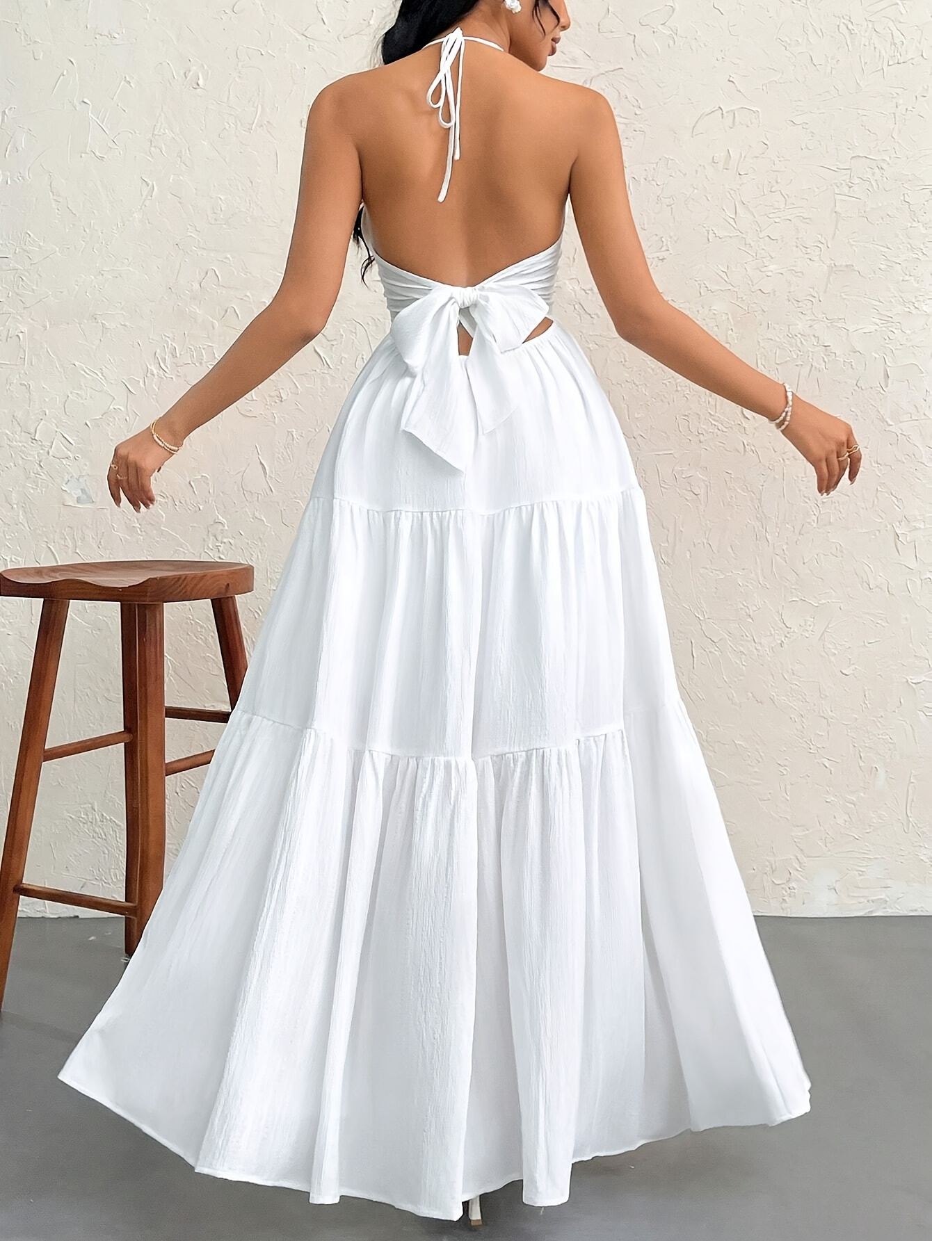 Ruffle Hem Halter Neck A-line Dress, Elegant Solid Color Tie Back Cut Out Maxi Halter Dress, Women's Clothing