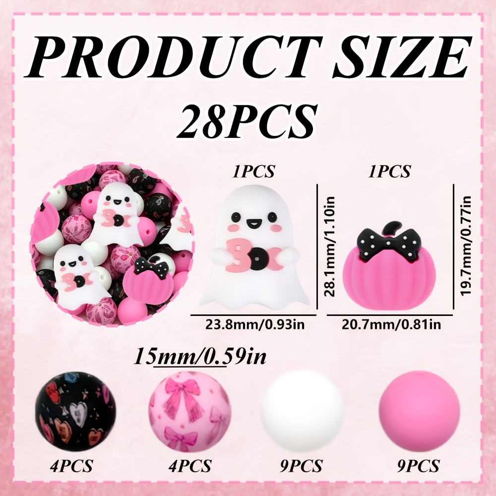 TEMU Ensemble de 28 perles en silicone 3D Rose Nœud Citrouille, Adorables BOO Petits et Nœuds Noirs avec de Citrouille Rose, Inclut des Perles Rondes