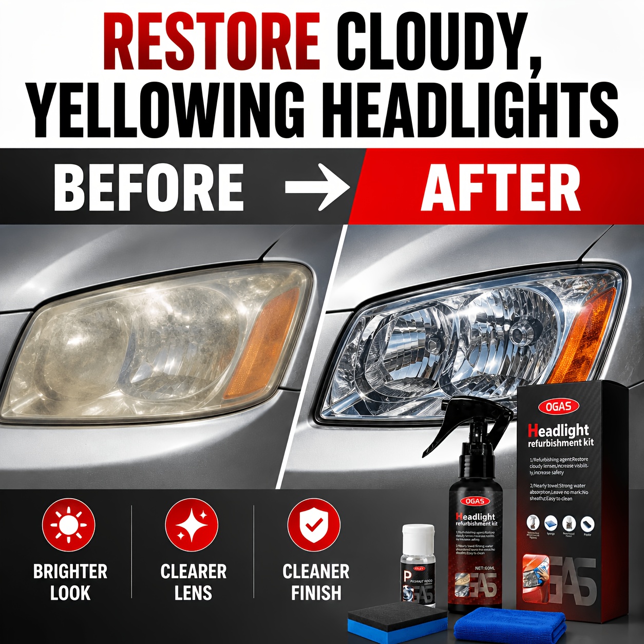 headlight restoration kit 180ml headlight restorer with 10ml ceramic coating removes yellowing oxidation and headlight polish for car lights long lasting uv protection diy headlight repair kit Product details 2