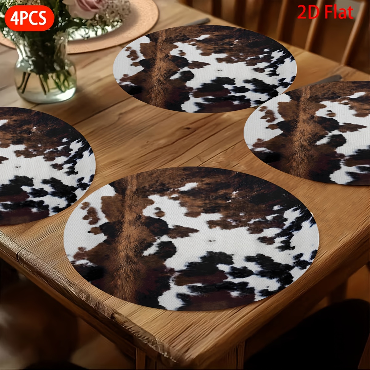 TEMU 2d Flat, 4pcs, Placemats, Cowhide Texture, Patterned Round Tableware Mats, , Easter, Valentine's Day, Halloween, Christmas Decorations Gifts,