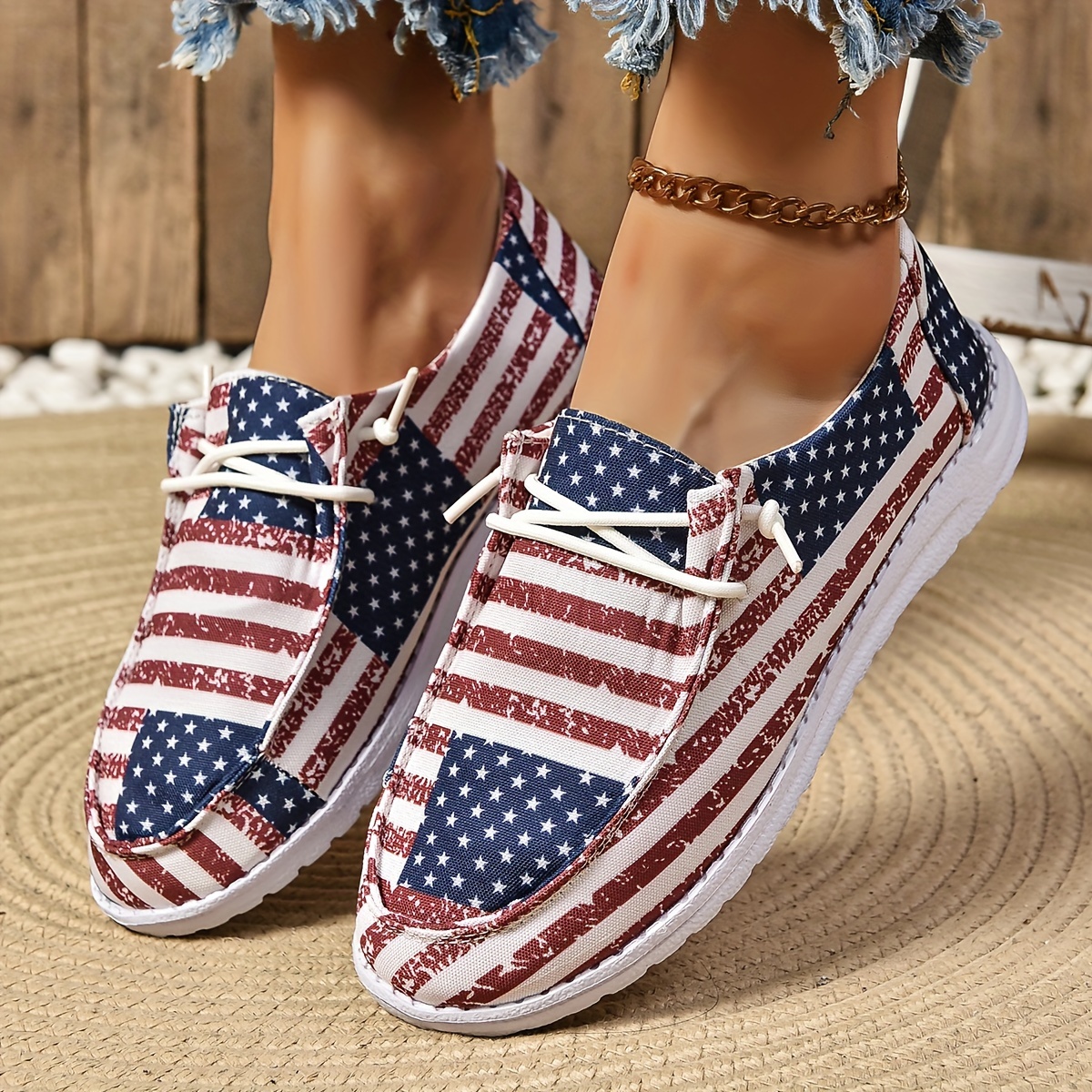 

Women's Low Top Canvas Shoes, American Flag Pattern Round Toe Slip On Flat Shoes, Casual Walking Loafers For Independence Day