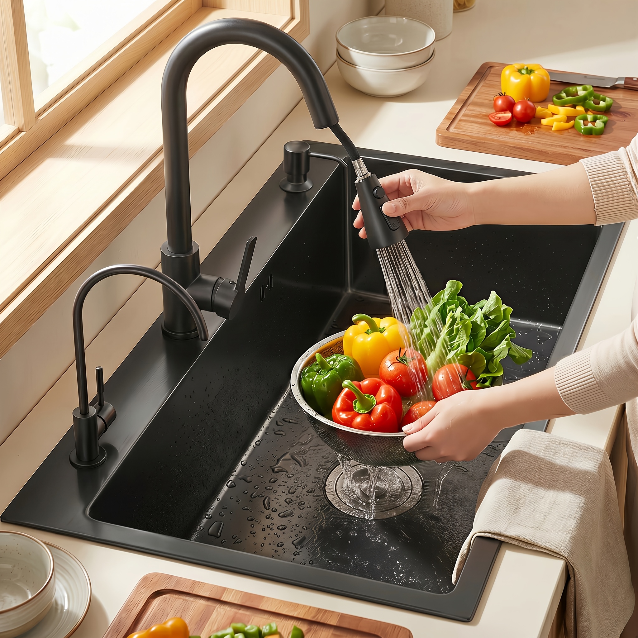 kitchen sink stainless steel single bowl sink workbench sink with multiple additions   with retractable faucet water purifier faucet soap dispenser and drain kit suitable for bar kitchen balcony