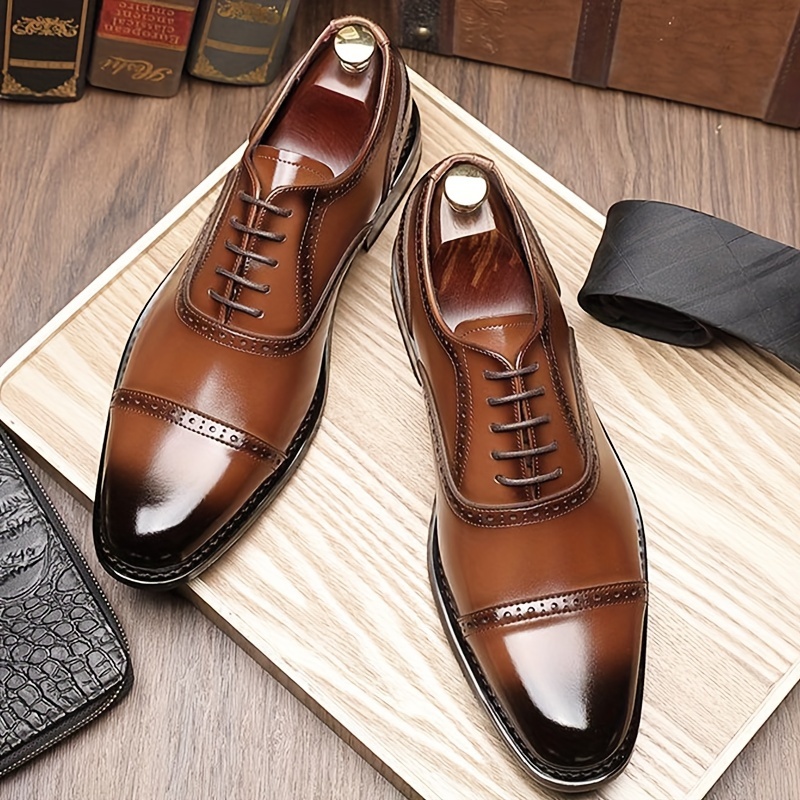 

Men's Split Cow Leather Upper Solid Color Cap Toe Microfiber Upper Oxford Shoes, Comfy Non Slip Rubber Sole Durable Formal Shoes, Men's Footwear