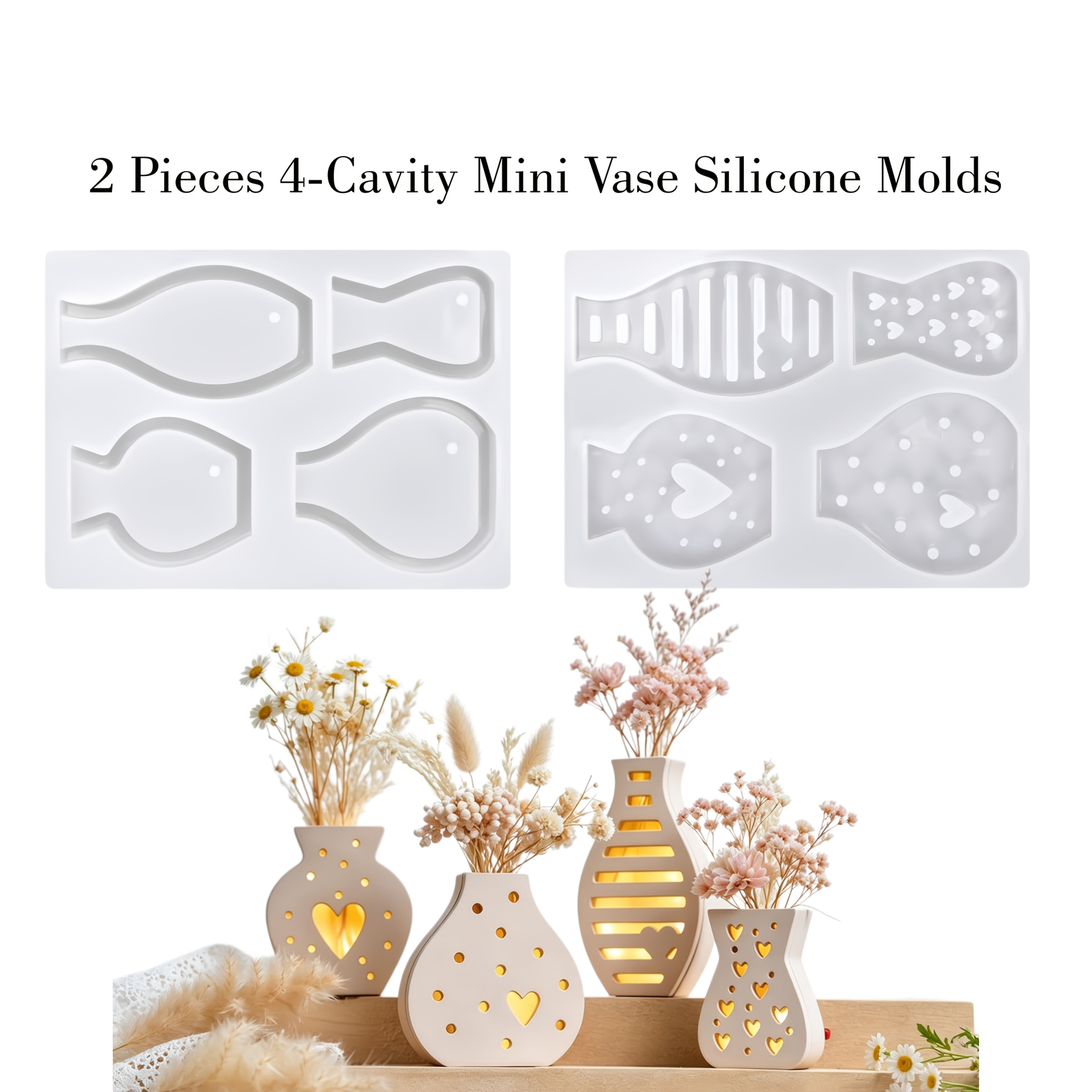TEMU 2pcs 4-cavity Mini Vase Silicone Molds, Clay Molds, Compatible With Gypsum, Epoxy Resin, For Making Small Planters, Floral Containers, And Home