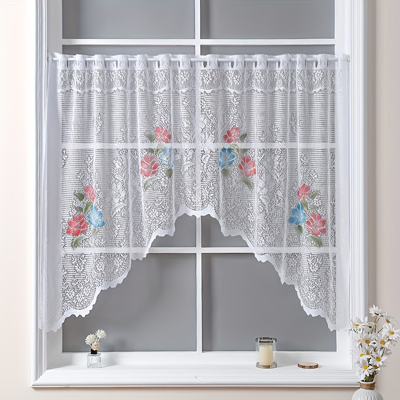 

Traditional Floral Lace Kitchen Tiers – Semi-sheer Polyester Window Valance With Eyelet Rod , Hand Washable Knit Weave For Rooms, 1pc