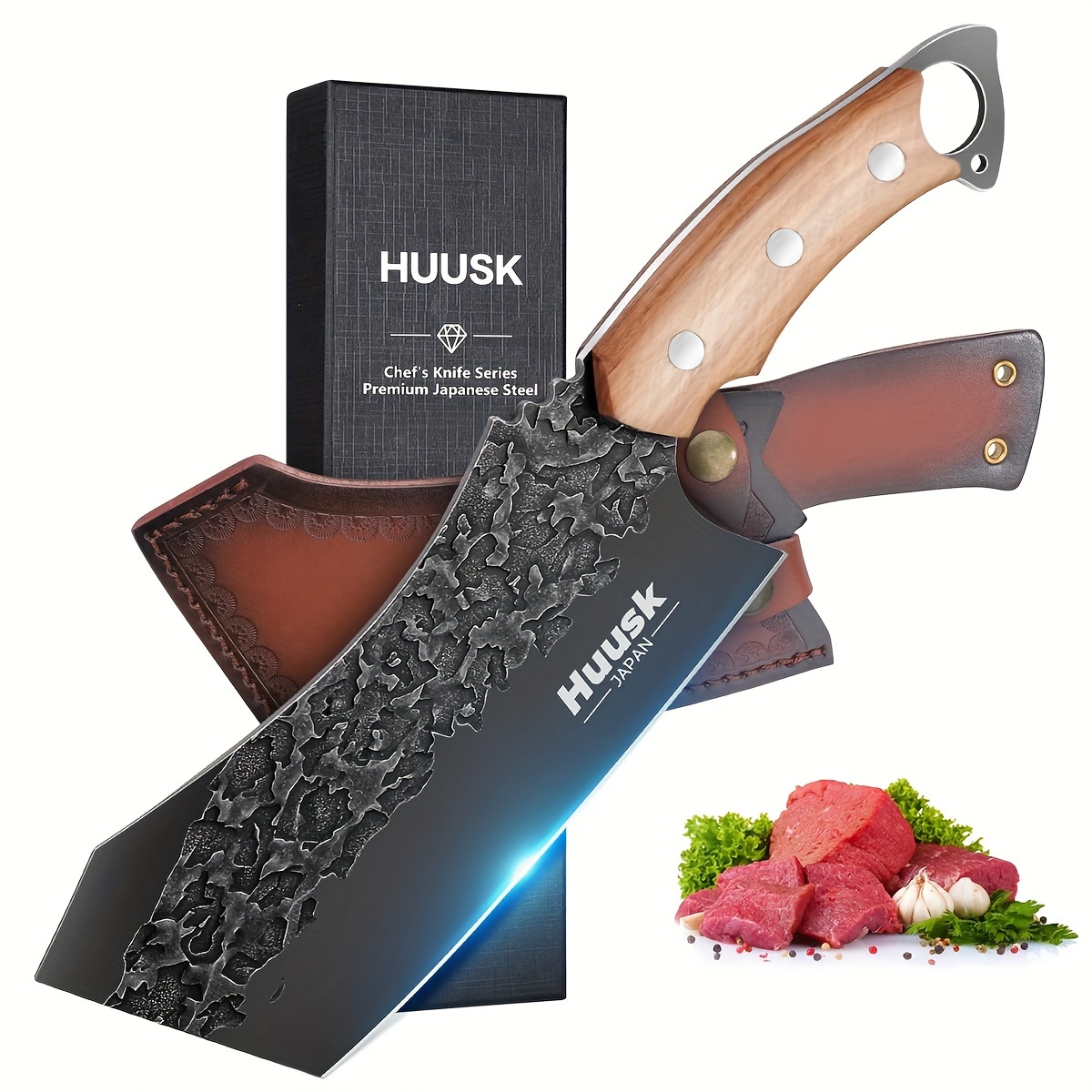 

1pc, Meat Cleaver Knife With Sheath, Forged Full Tang Butcher Knife For Meat Cutting Black Viking Knife For Vegetables Cooking Knife For Bbq Camping Outdoor Thanksgiving Christmas Gift