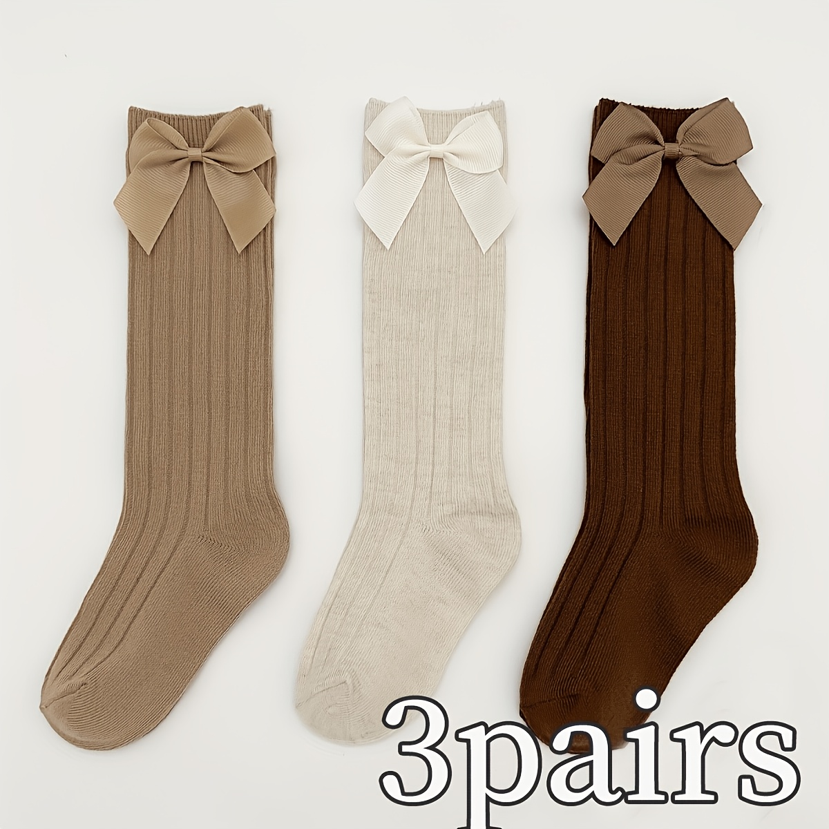 E-shop 3 Paar Mädchensocken mit einfachen Schleifenverzierungen in Unifarben, Kniestrümpfe, Süß Niedlich für den