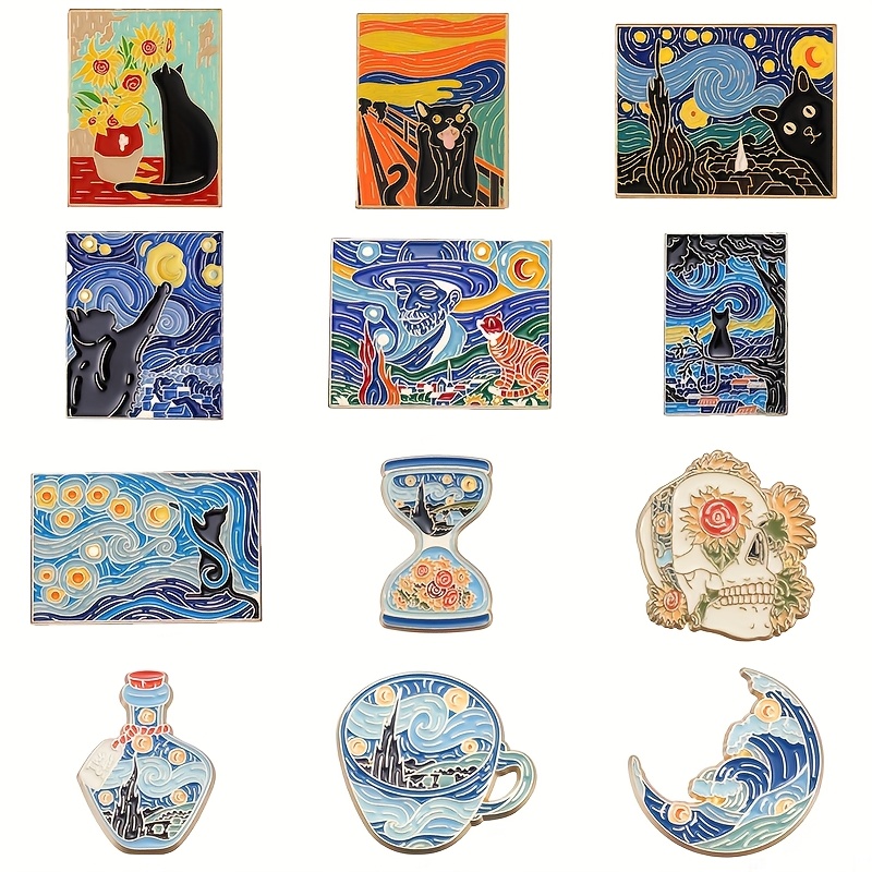 TEMU 12pcs Oil Painting Series Alloy Brooch Cute Black Cat Starry Sky Set Combination Clothes Bag Decoration Badge