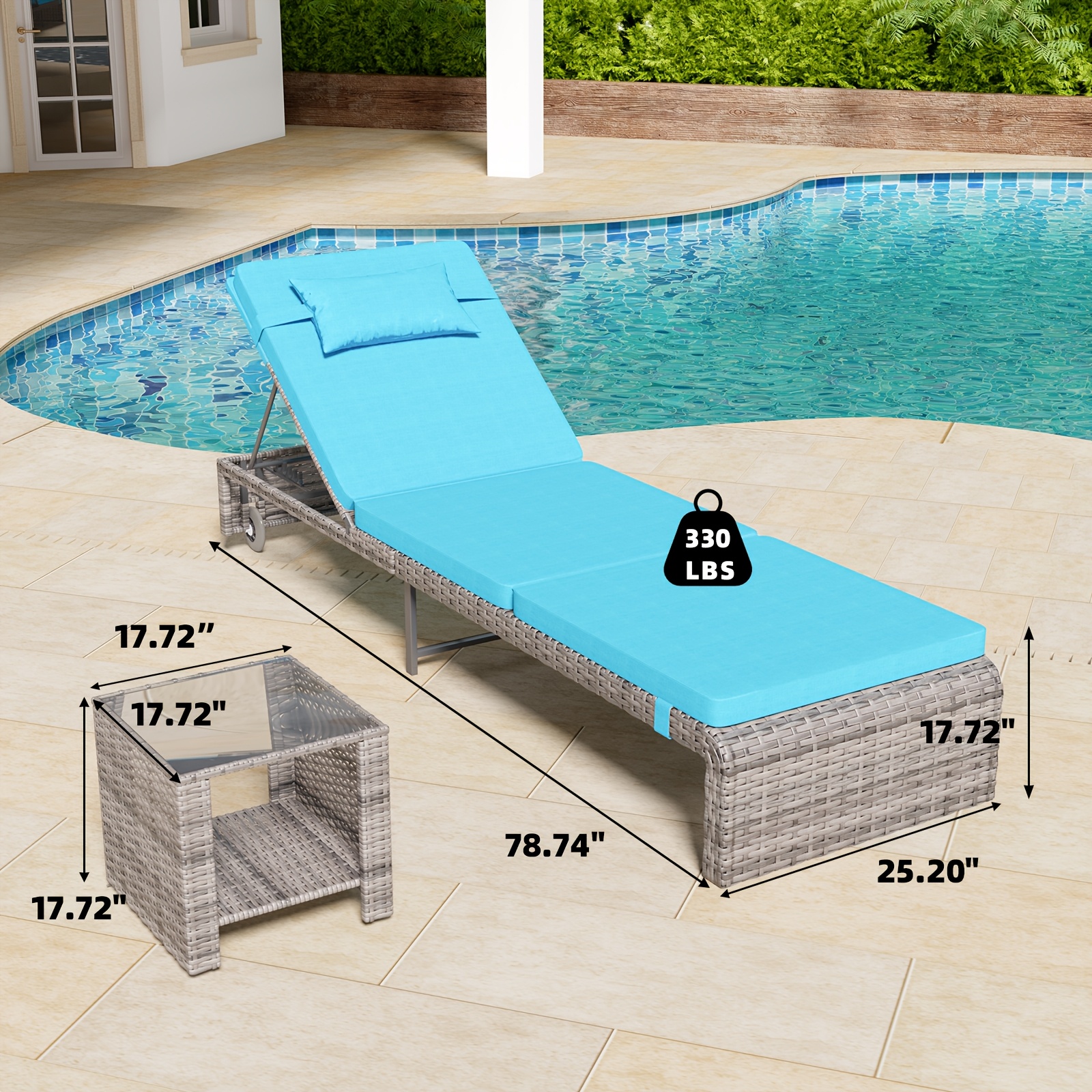 Lounge Chair Set, 3pcs Outdoor Modern Patio Furniture Lounge Chairs Set of 2 with Adjustable Backrest And Side Table, Durable PE Wicker, Weather Resistant Cushions, Blue