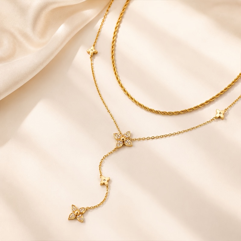 Hollow Rose Inlaid Zirconia Double Layer Stackable Necklace Set