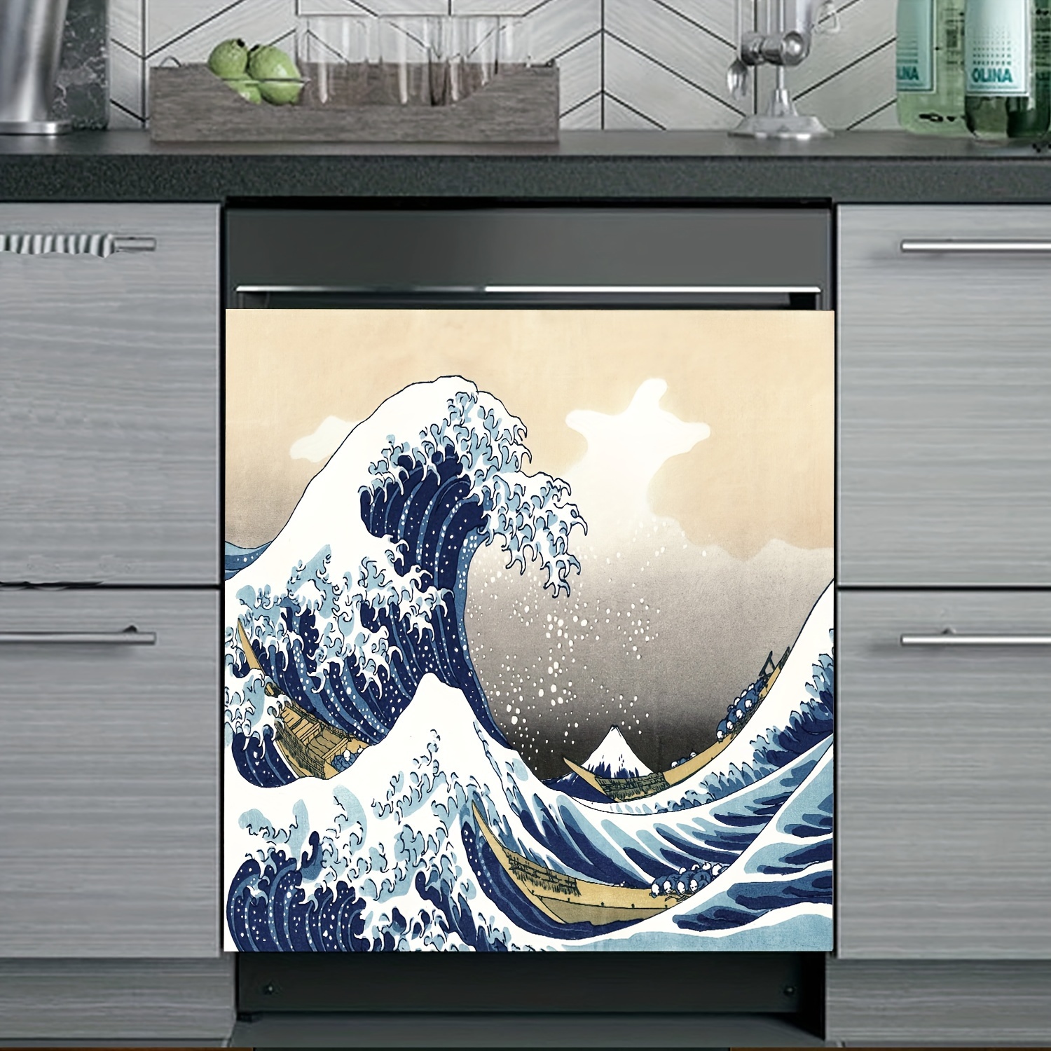 

Japanese Great Magnetic Cover Plate - 58.5 X 65cm Pvc Decorative Appliance Sticker For Dishwasher, Fridge, And Kitchen Decor - Artistic Blue And White