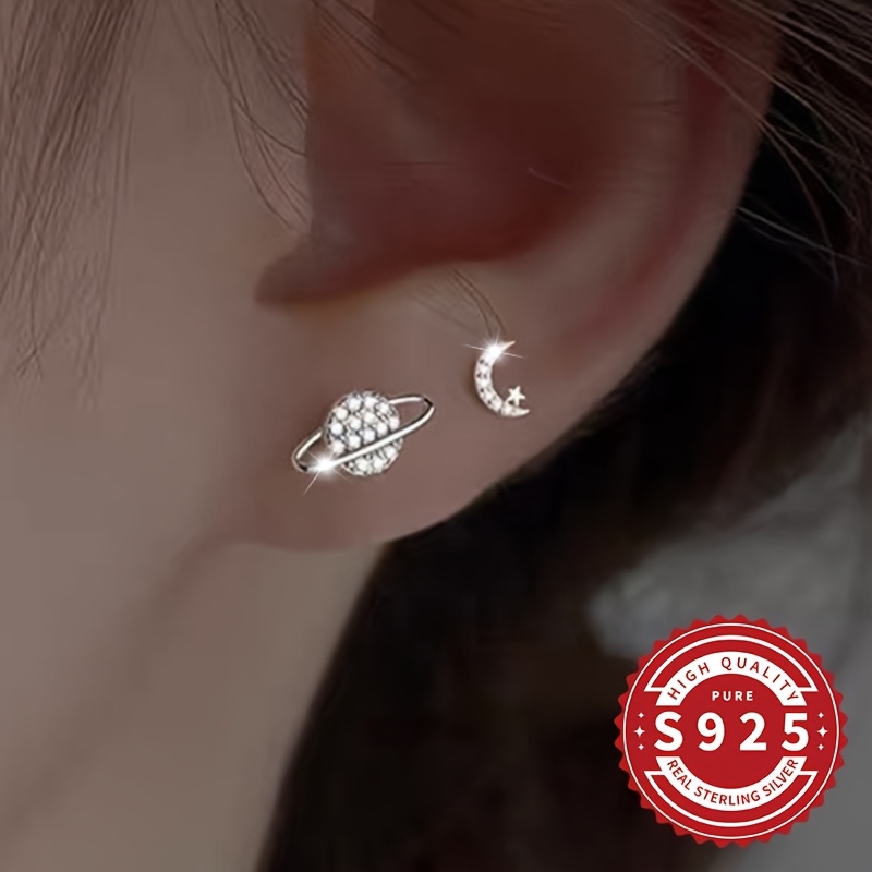 S925 Silver Asymmetrical Moon Planet Earrings, Sci-Fi Inspired