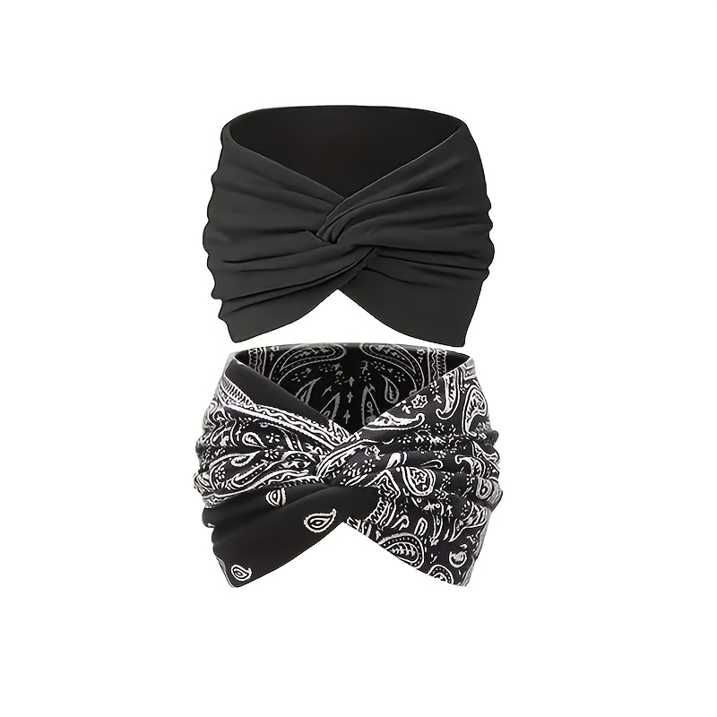 E-shop 2er-Pack Bohemian Paisley-Druck Knoten-Stirnbänder – Rutschfeste, elastische, breite Stirnbänder für Yoga, Laufen, Fitness – Einfarbige