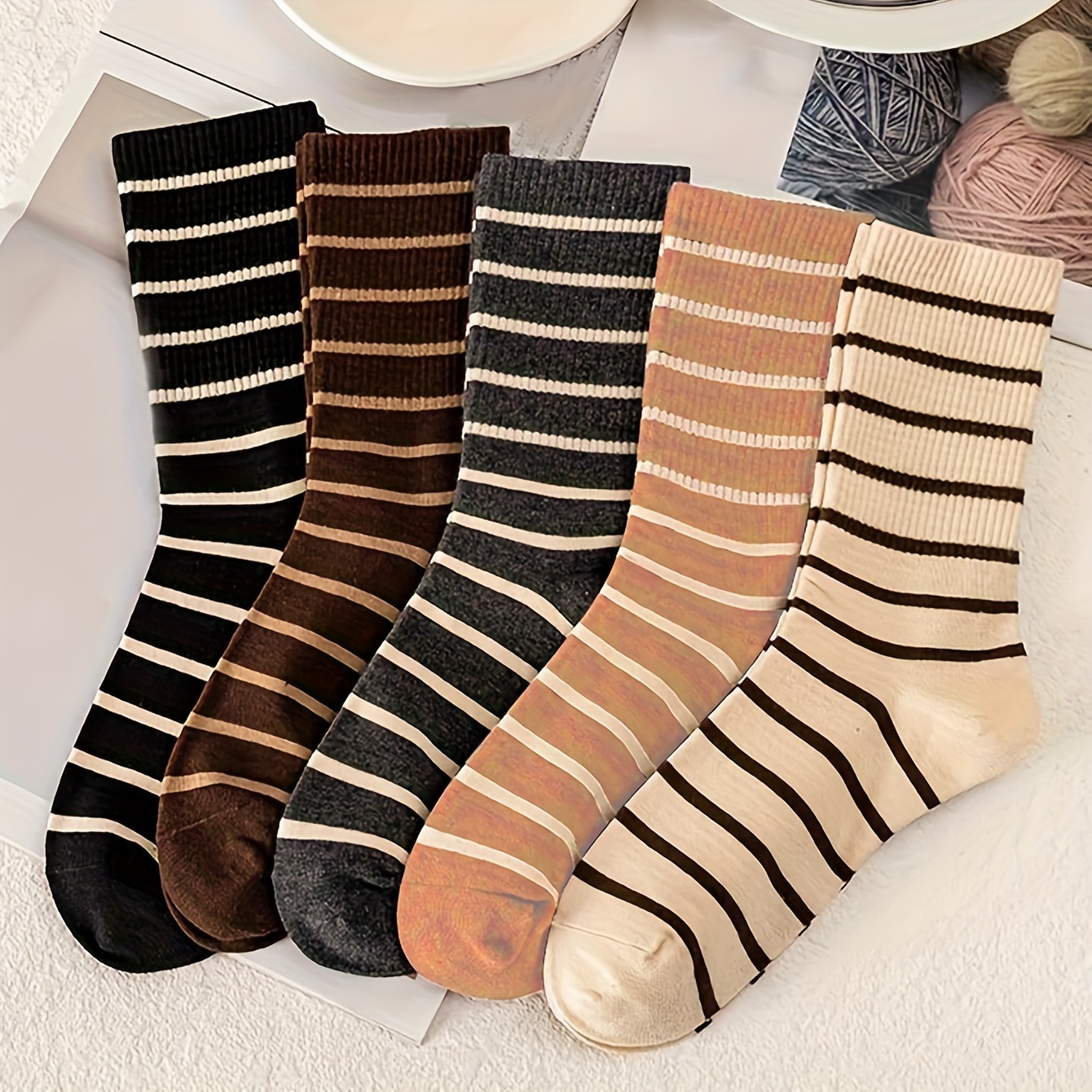 

5pcs Women's Striped Mid-calf Socks - Comfortable & Breathable, Polyester/nylon Blend, Machine Washable