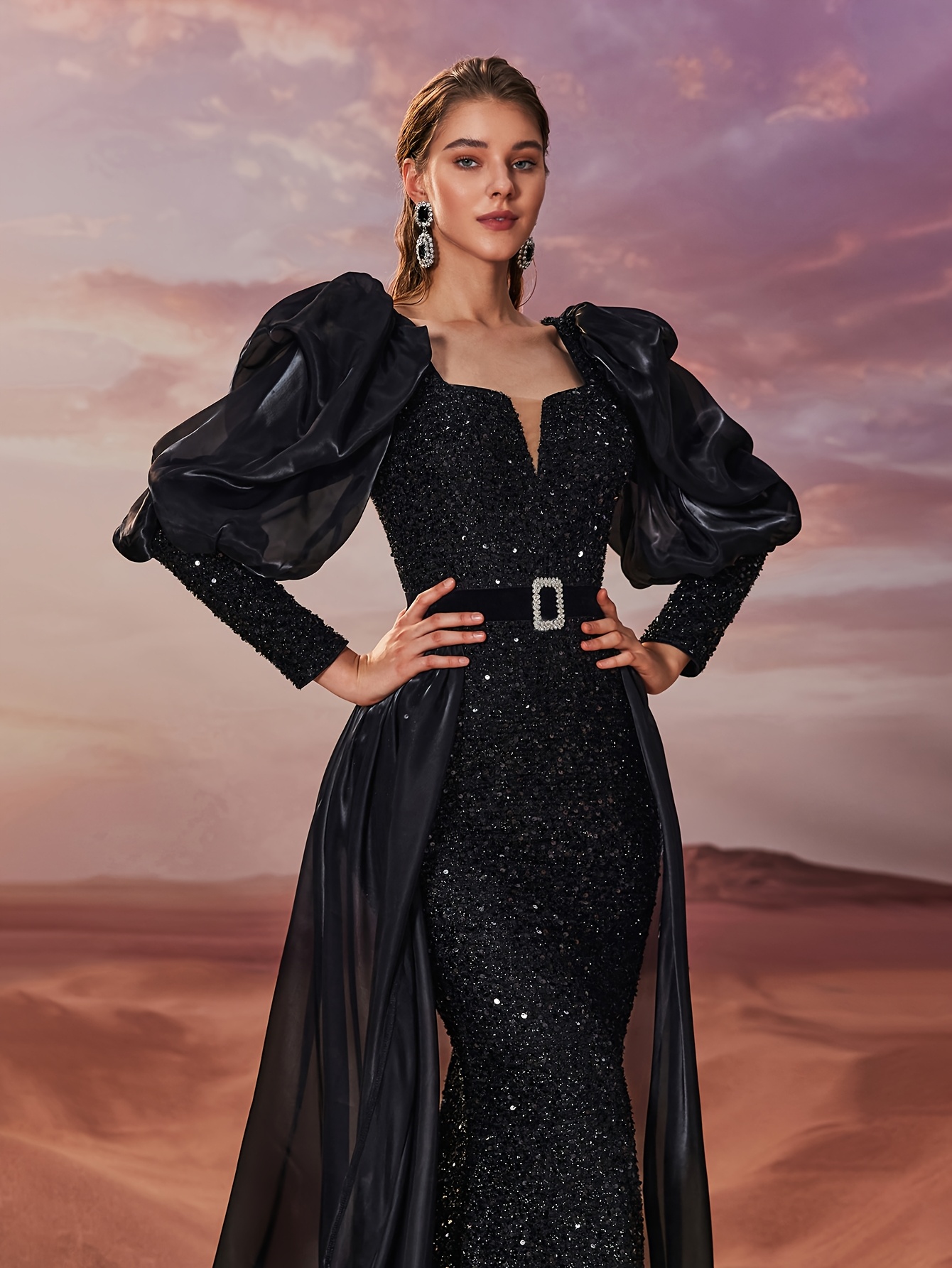 sachin and babi light blue dress Luxury Long Black Evening Gown with Elegant Hand Embroidery and a Flowing  Chiffon Cape main image 1