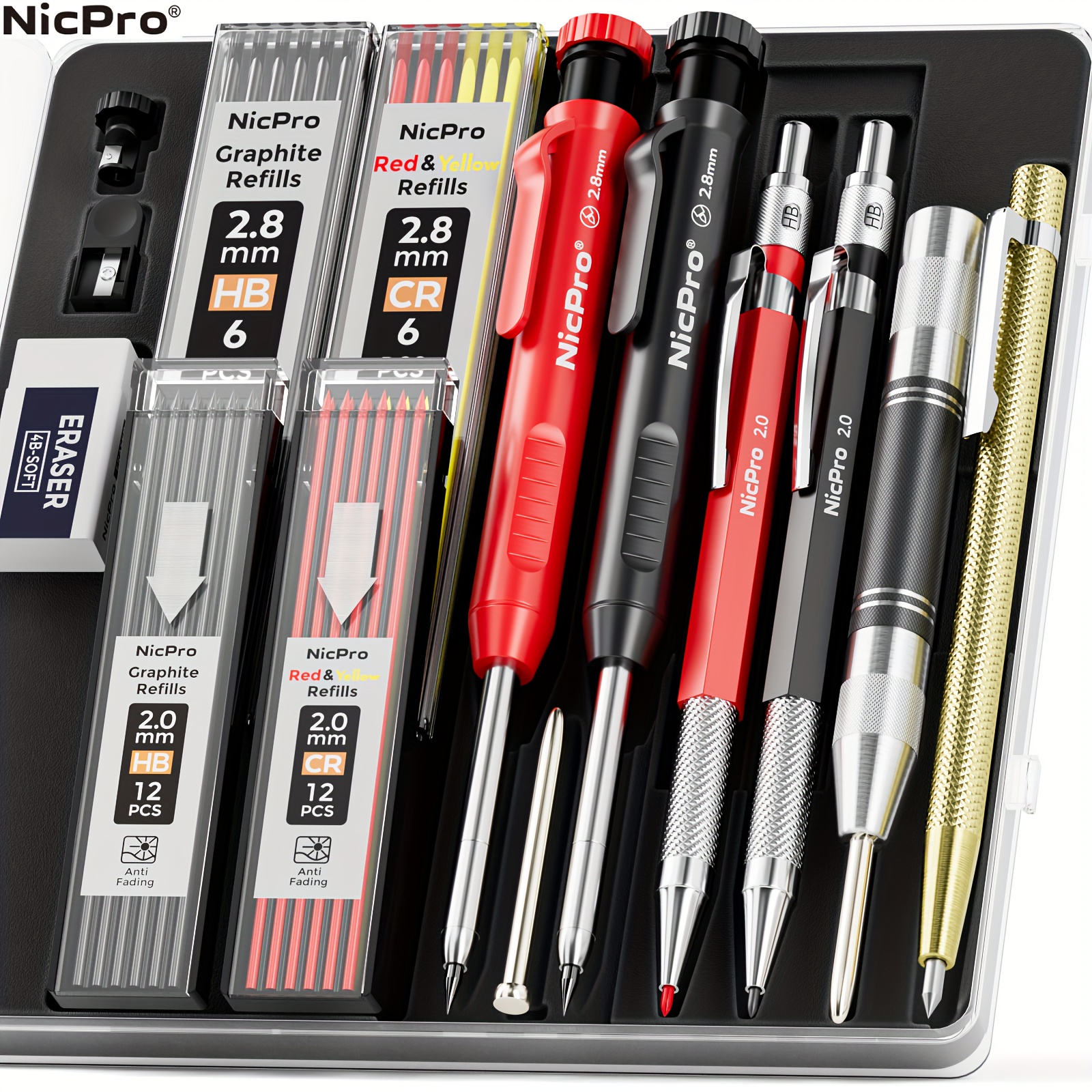 

Nicpro 15 Pack Carpenter Pencil Set With Sharpener, Mechanical Carpenter Pencils With 40 Refill, Automatic Center Puncha And Carbide Scribe Tool, Heavy Duty Construction Pencil For Architect-with Case