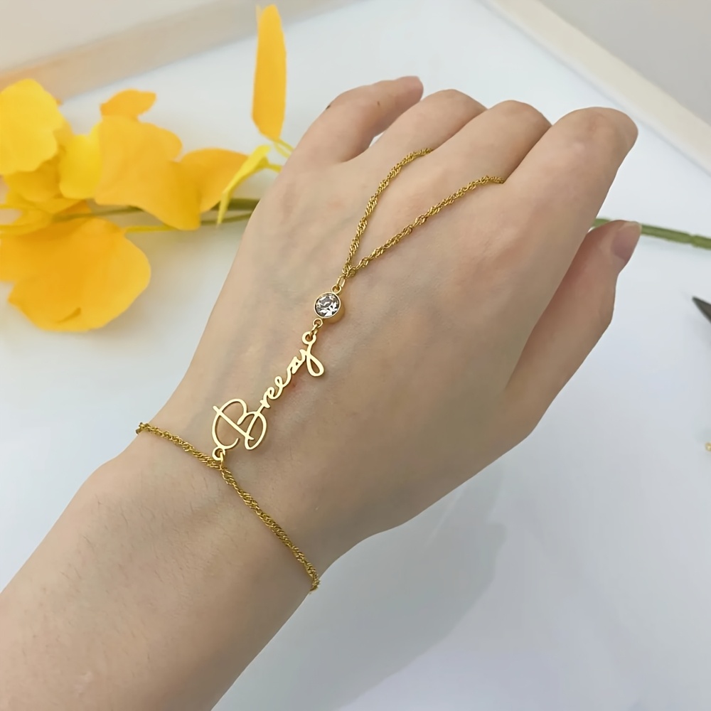 E-shop Personalisiertes Wellenverbindungs-Namensarmband, Individueller Weißer Geburtsstein Fingerring Armband, Edelstahl Plakette Handschmuck, Geschenk